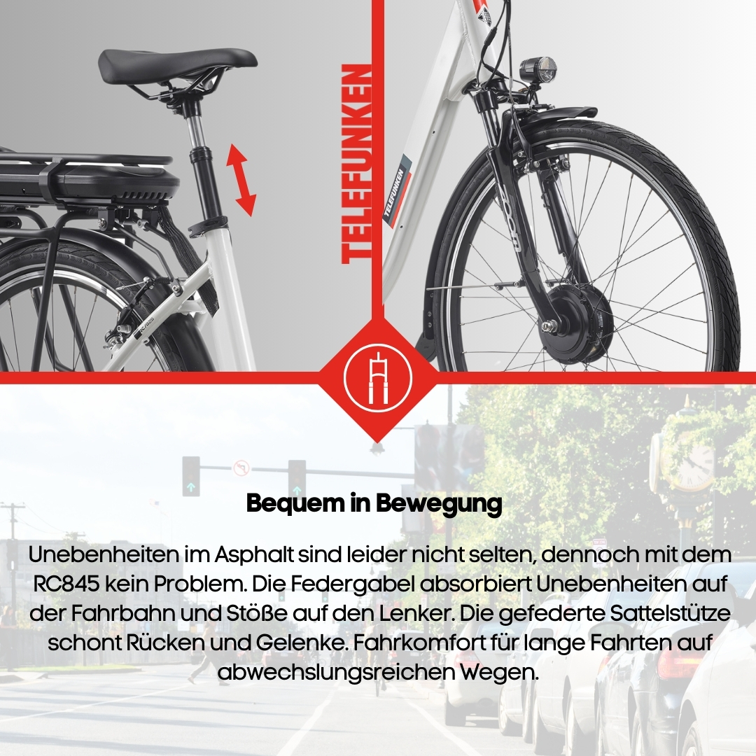 E-Bike-Detail: Sattelstützenverstellung und Vorderradaufhängung. Text: Angenehm in Bewegung.
