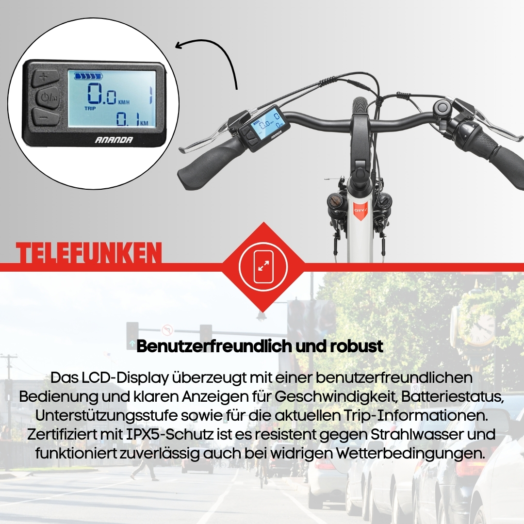 Nahaufnahme des Fahrrad-Displays, zeigt Geschwindigkeit und Trip-Info. Text beschreibt benutzerfreundliche Funktionen.