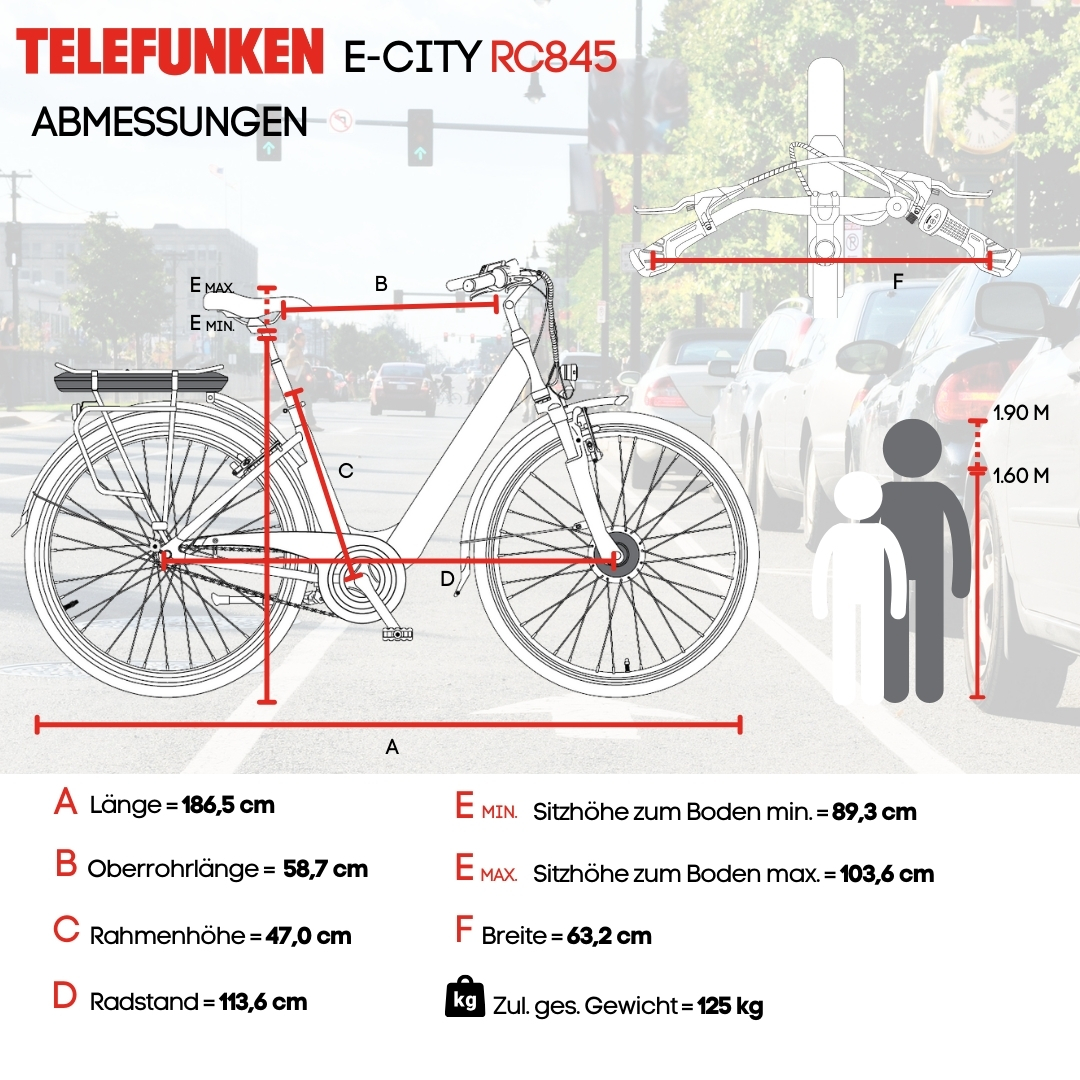 Weißes E-Bike mit Abmessungen in cm und kg. Hintergrund: Stadtstraße.
