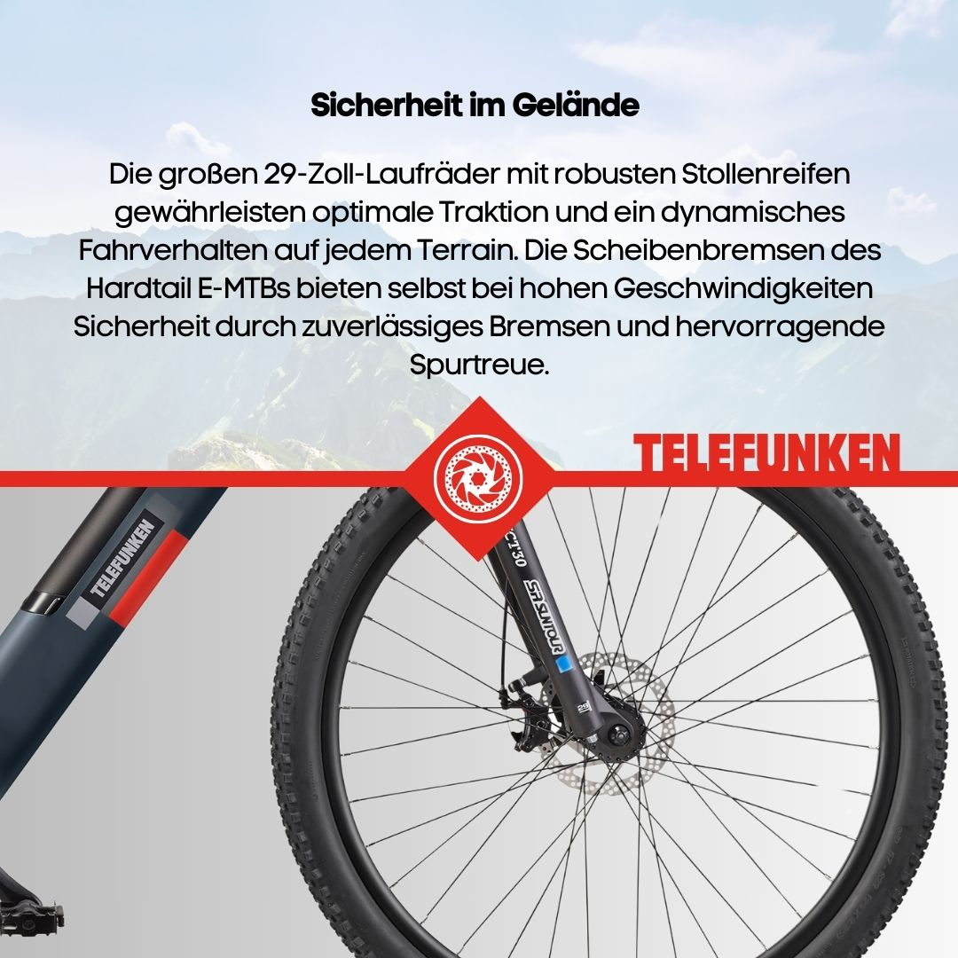 Fahrradrad mit Berg-Hintergrund und rotem Telefunken-Logo. Reifen- und Federungsdetails sind sichtbar.