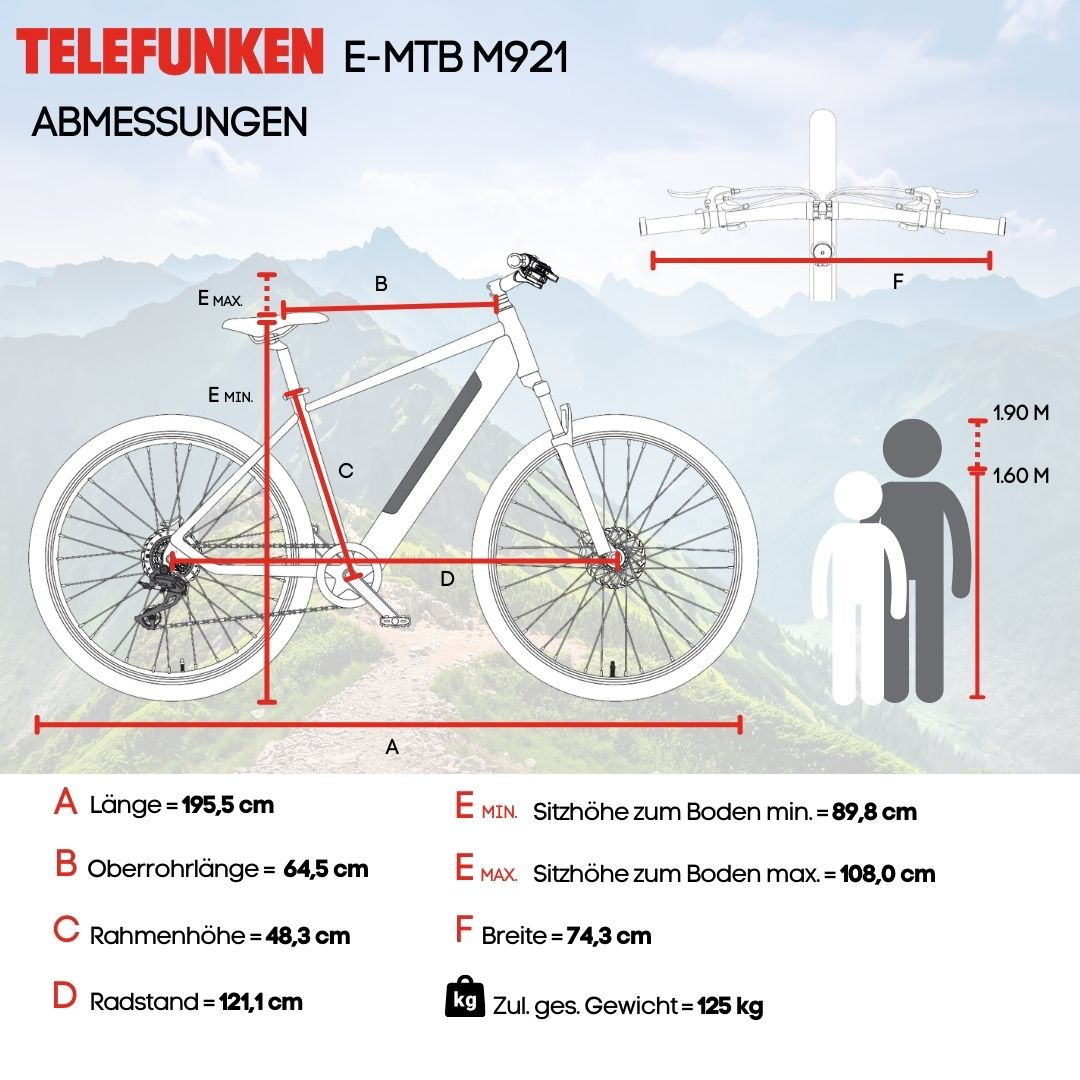 Diagramm eines Elektrofahrrads mit Maßen und Beschriftungen. Enthält Höhen-, Längen- und Breitenangaben.