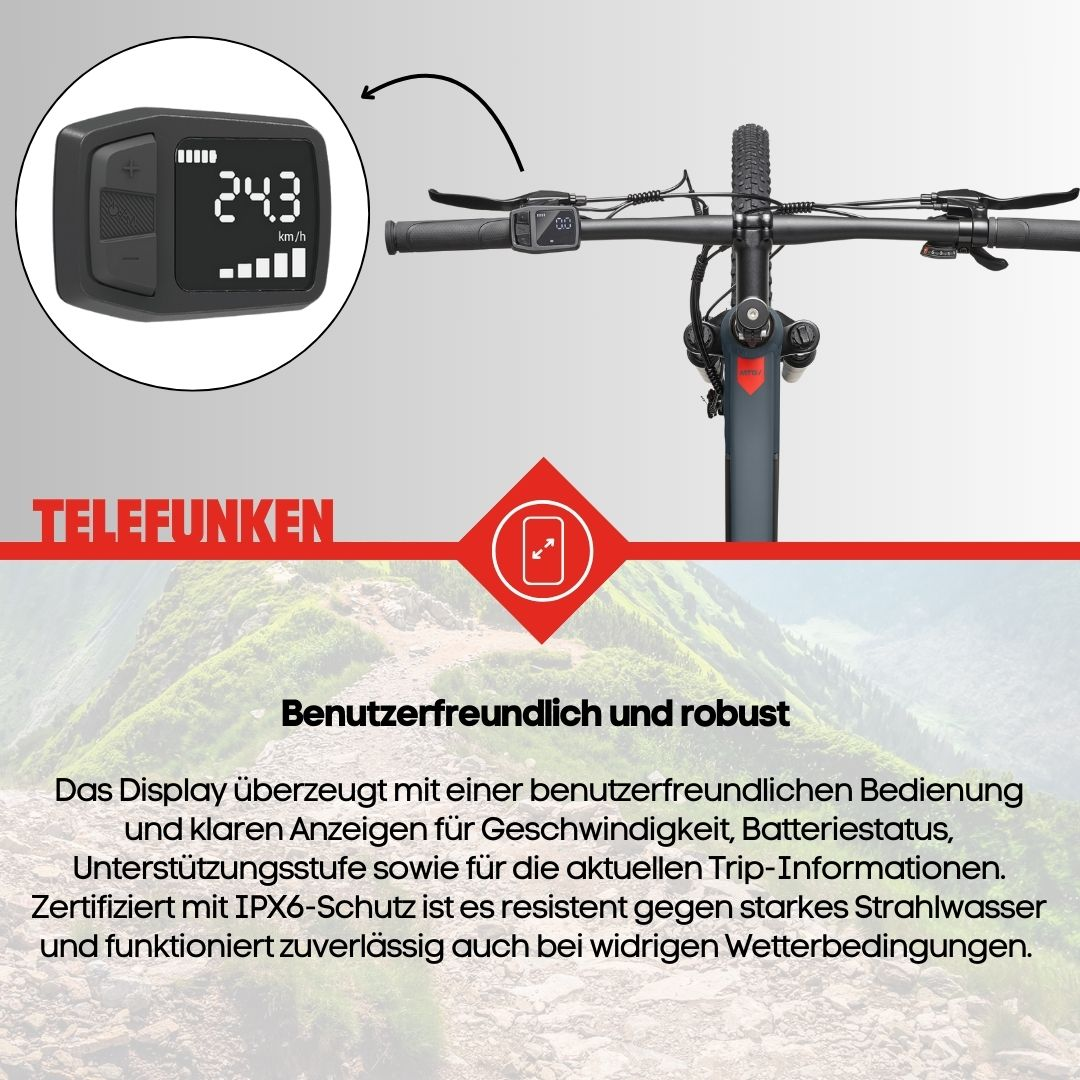 Fahrrad-Display mit Berg-Hintergrund und rotem Telefunken-Logo. Zeigt Geschwindigkeit und Akkustand an.