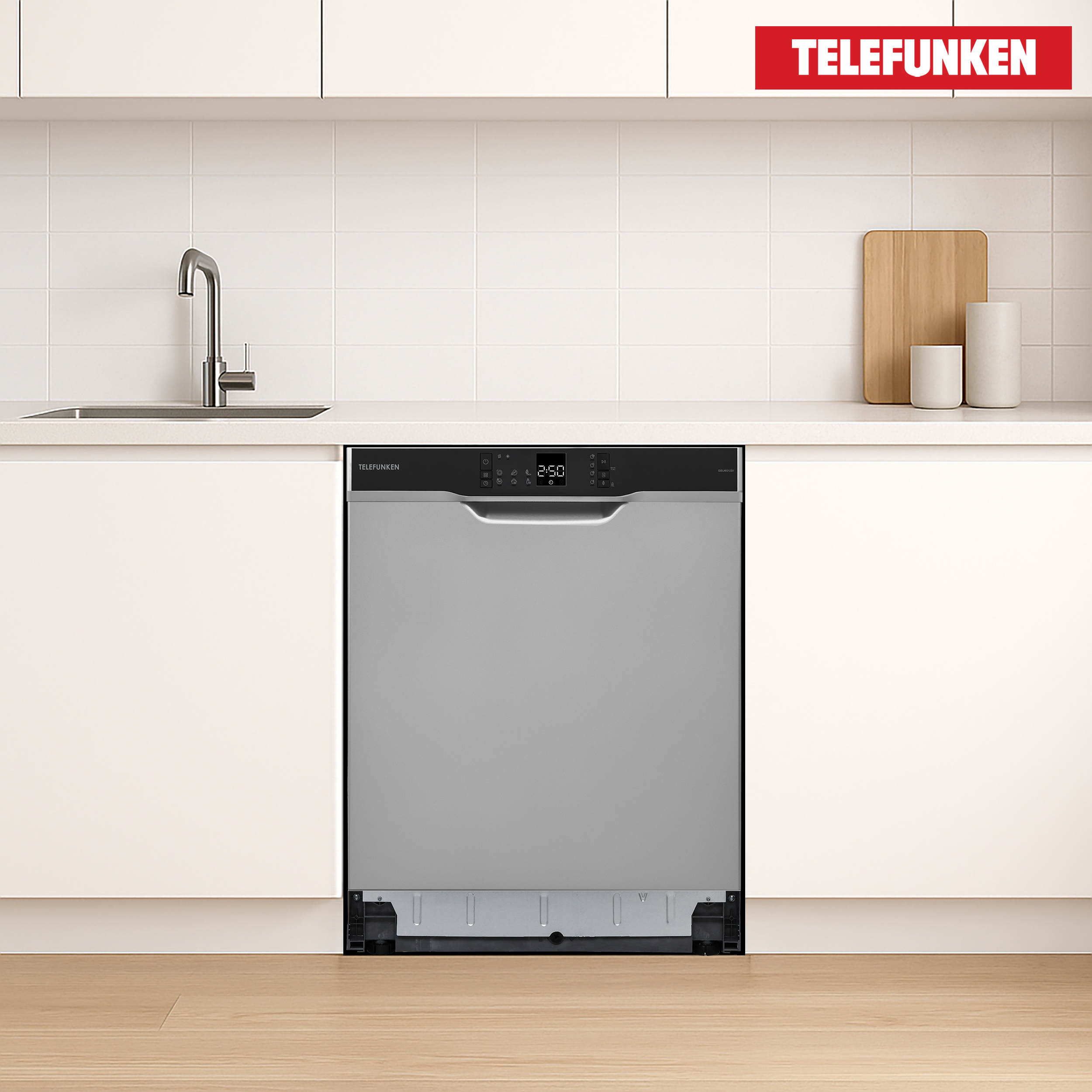 Ein Telefunken-Geschirrspüler, geschlossen, in einer modernen Küchenumgebung.