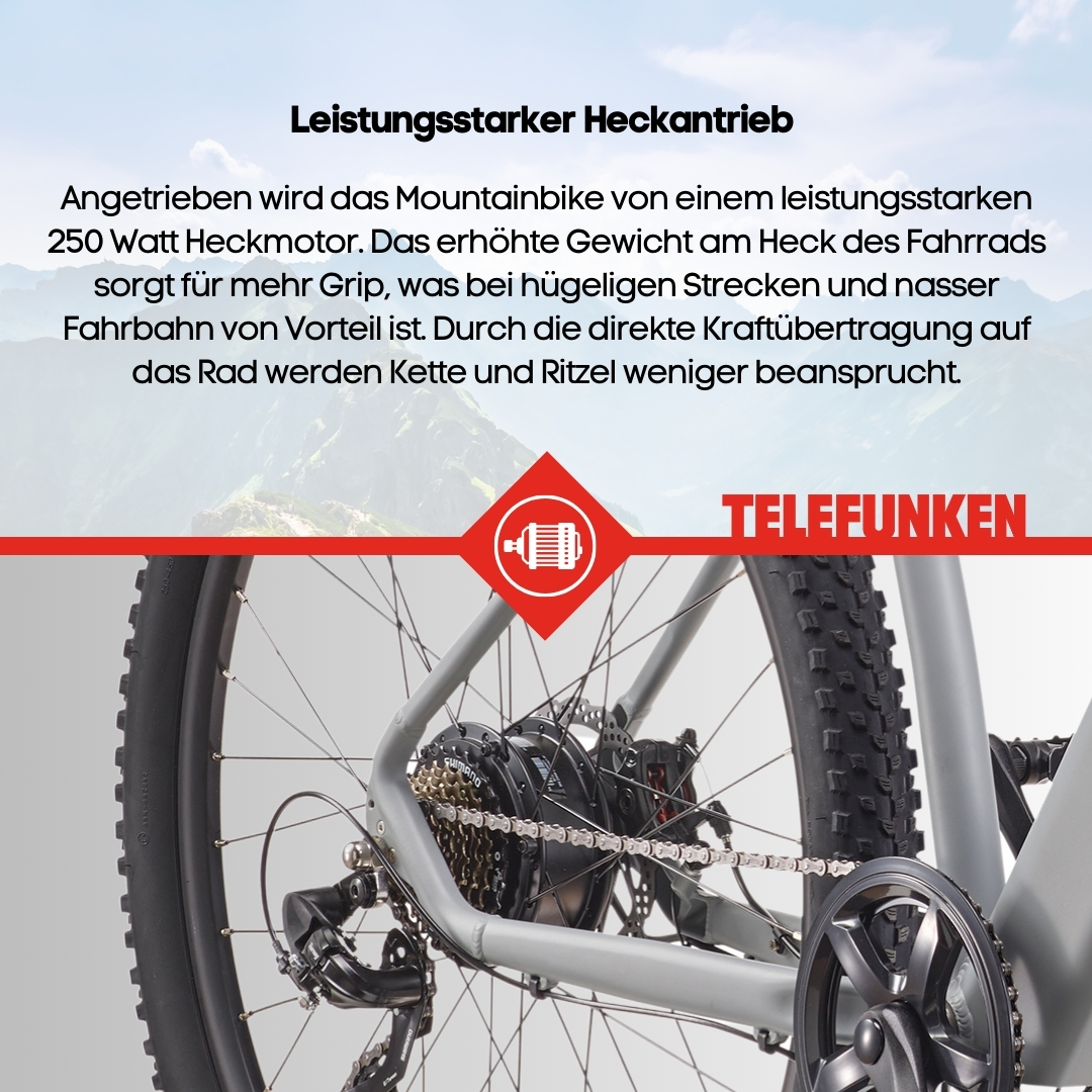 Hinterrad des Fahrrads, Motor und Telefunken-Logo. Nahaufnahme des Hinterrads und des Antriebs.