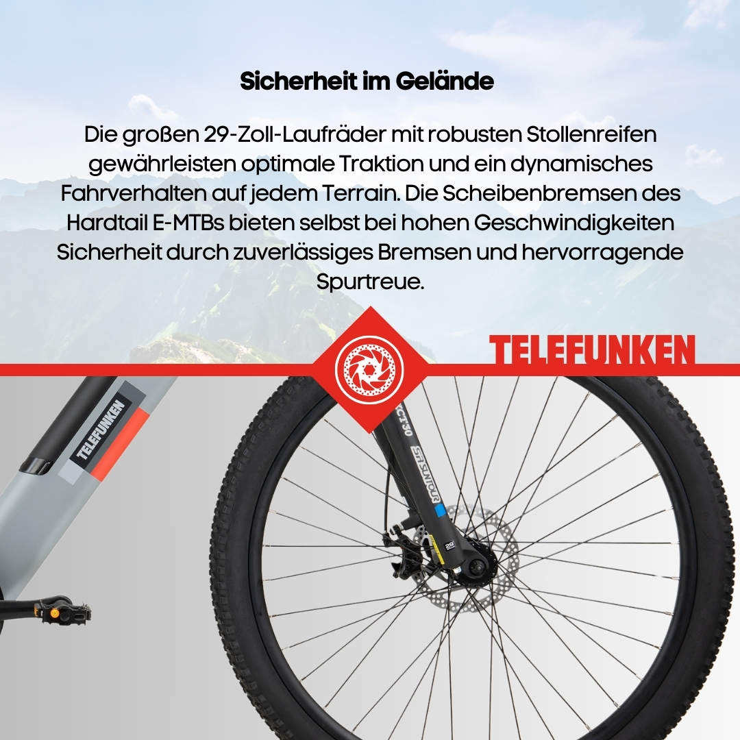 Nahaufnahme eines E-Bike-Rads mit dem Telefunken-Logo und Text über Sicherheit.