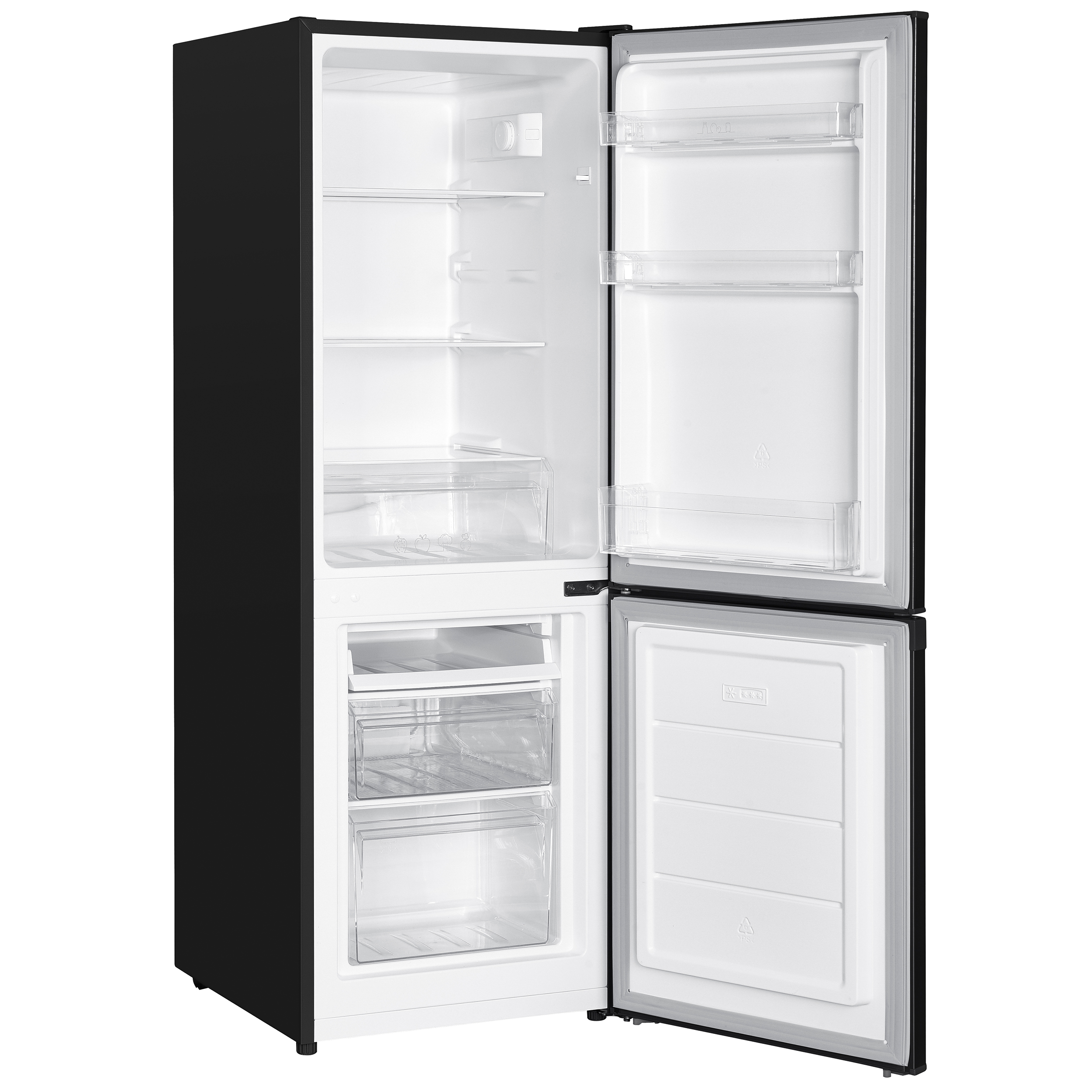 Ein schwarzer Kühlschrank, geöffnet, um die Innenregale und Gefrierfächer zu zeigen.