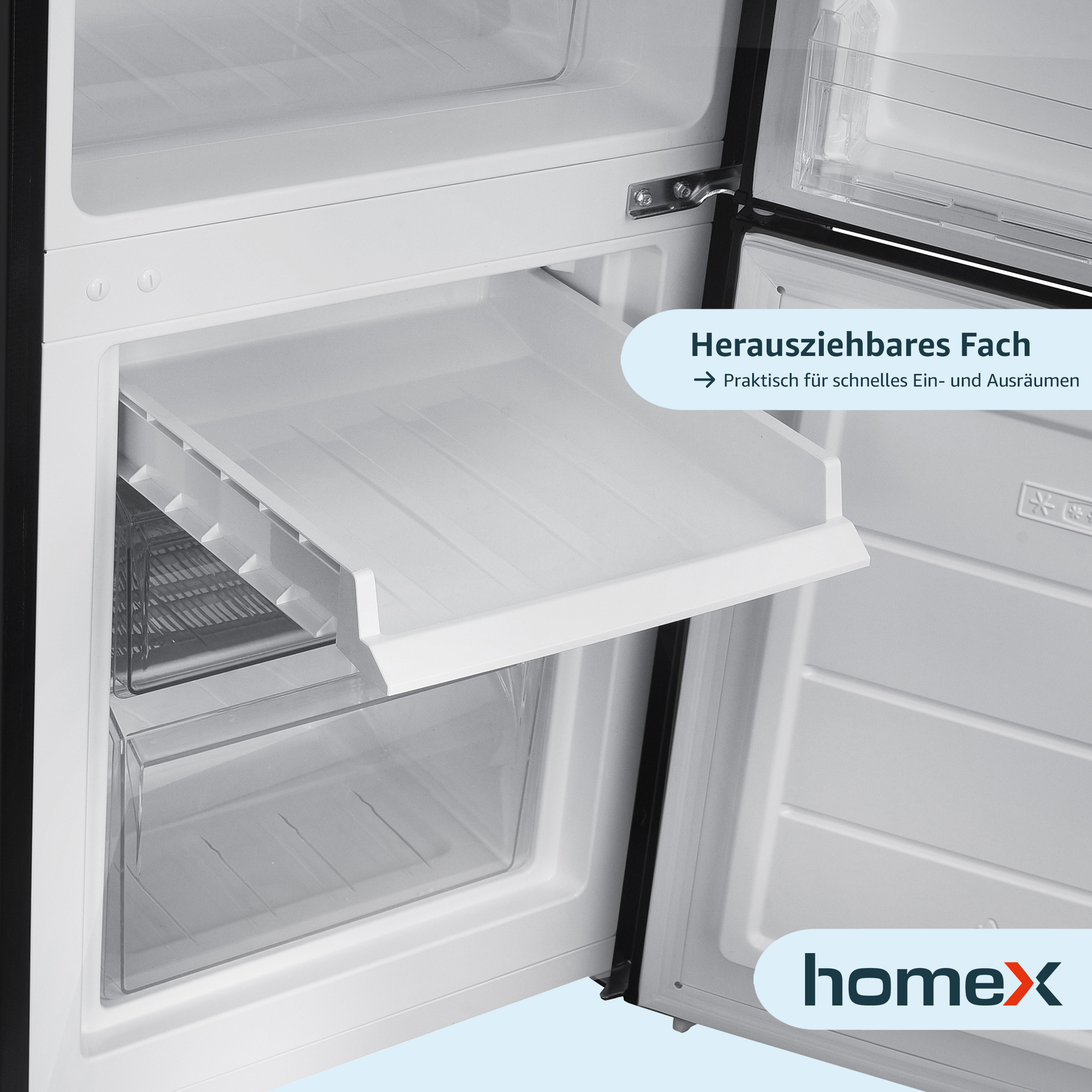 Eine offene Homex-Kühlschublade. Ein weißes Tablett wird herausgezogen. Text auf Deutsch.