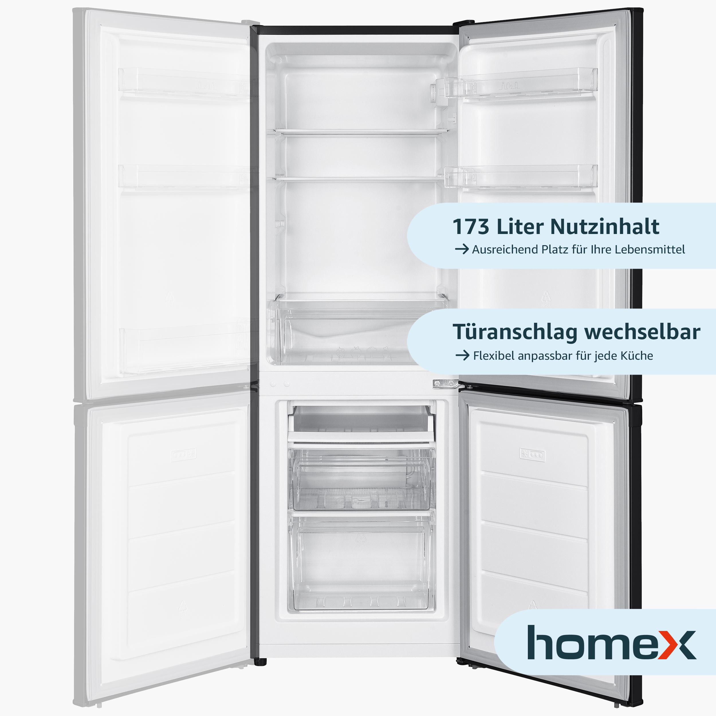 Geöffneter Homex-Kühlschrank mit Regalen und Schubladen. Texte auf Deutsch über Kapazität und Funktionen.