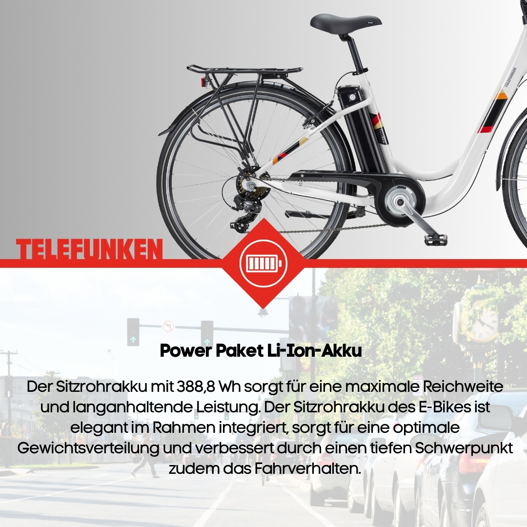 Ein E-Bike mit Akku und Text über sein Leistungspaket.