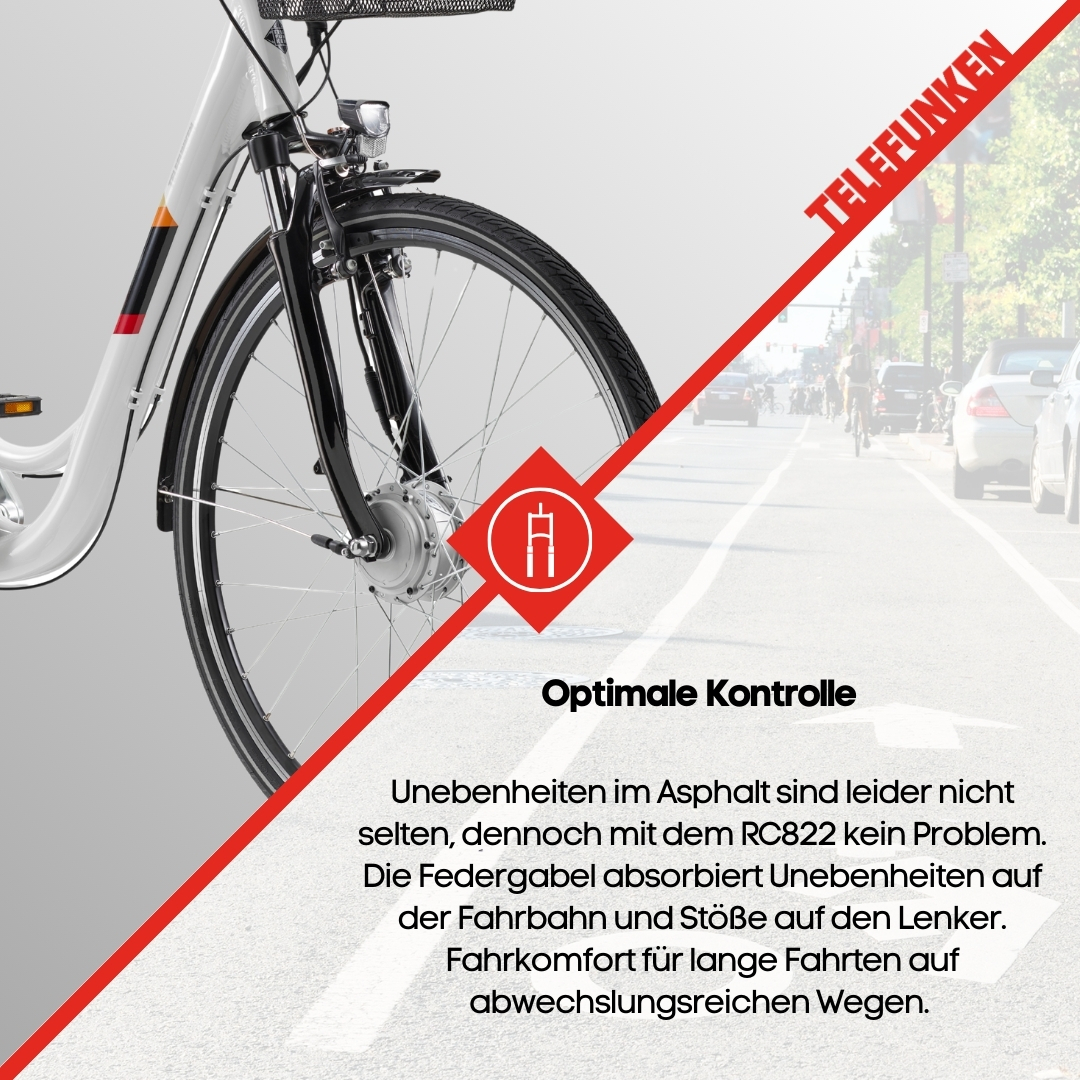 Ein E-Bike mit Text über optimale Kontrolle und einem Stadt-Hintergrund.