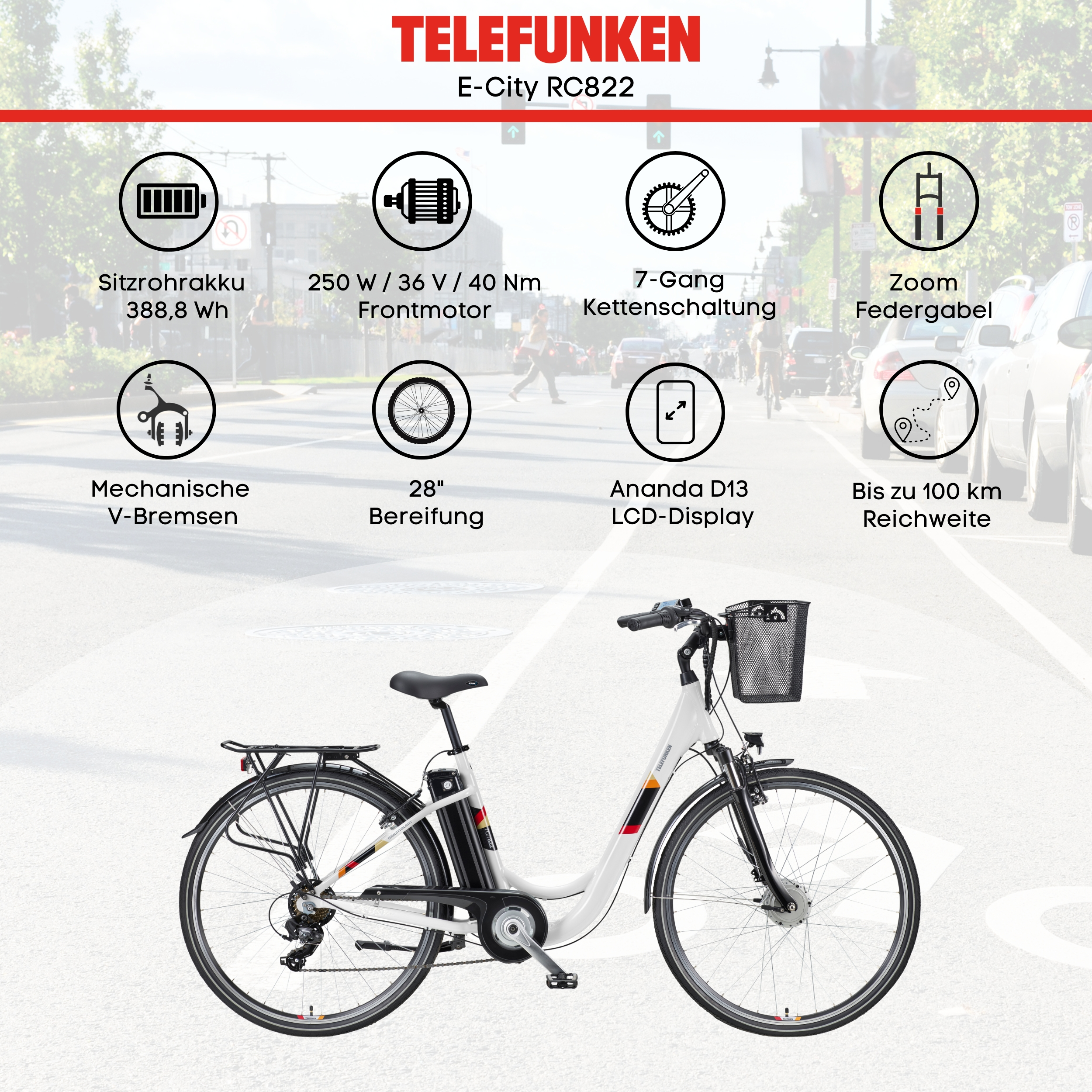 Ein weißes Telefunken E-City RC822 E-Bike mit technischen Daten und Symbolen.