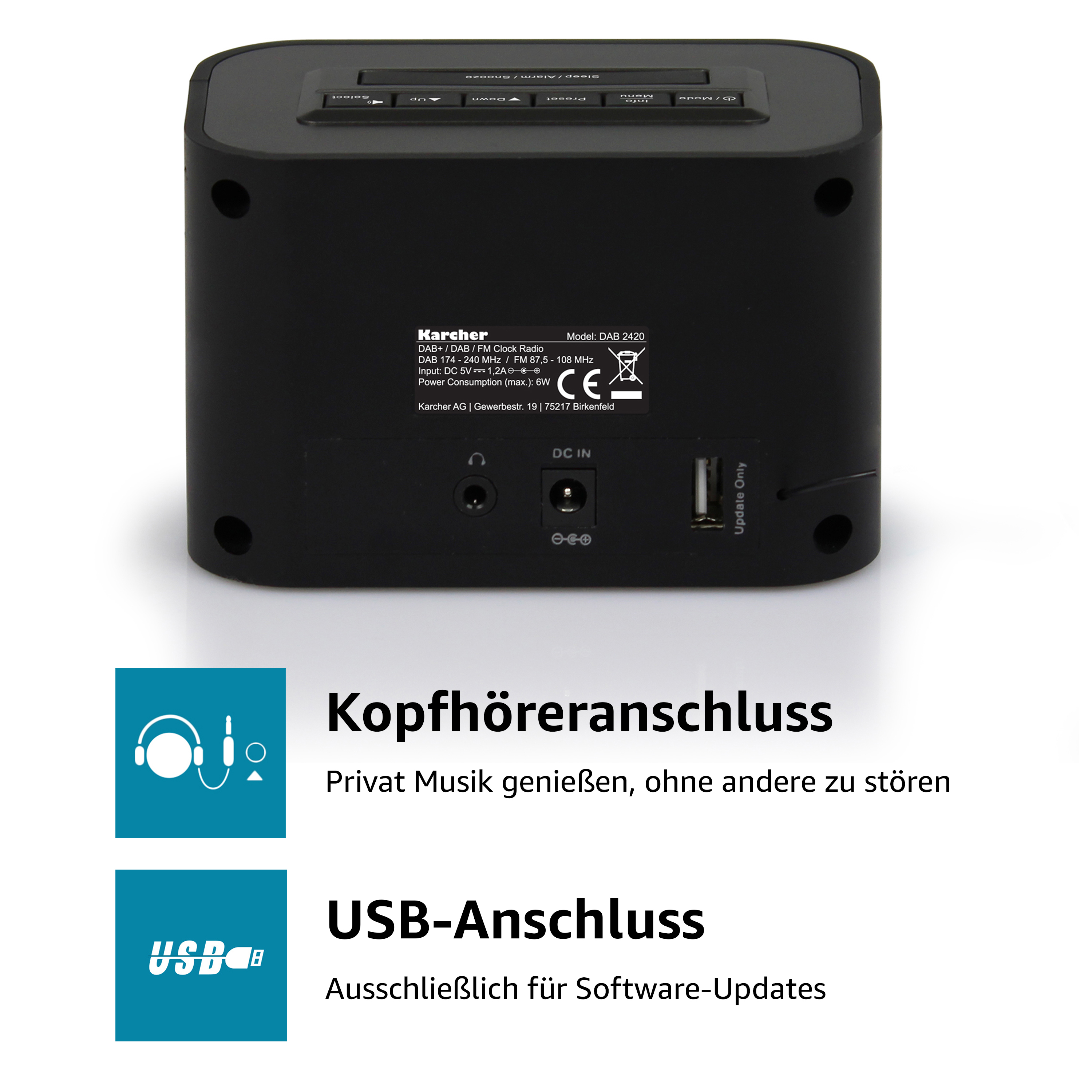 Schwarzes Radio mit Knöpfen und Anschlüssen auf der Rückseite. Textbezeichnungen sind auf Deutsch.