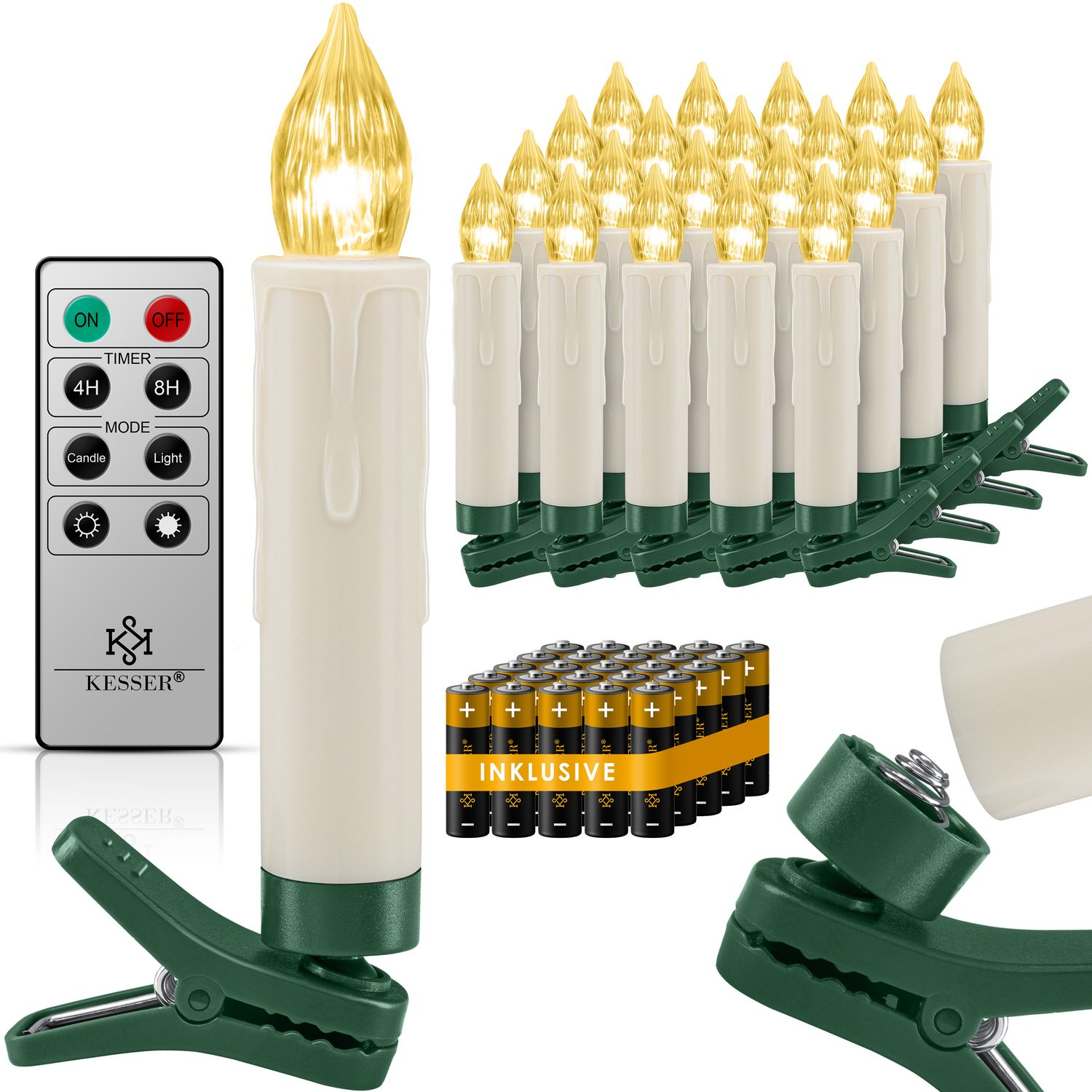 Ein Satz elektronischer Kerzenlichter mit Clips und Fernbedienung.