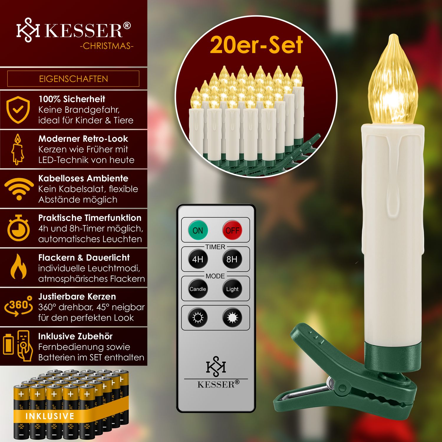 Set mit 20 Kerzen und einer Fernbedienung. Eigenschaften: Sicherheit, Retro-Look, Timerfunktion und Flamme.