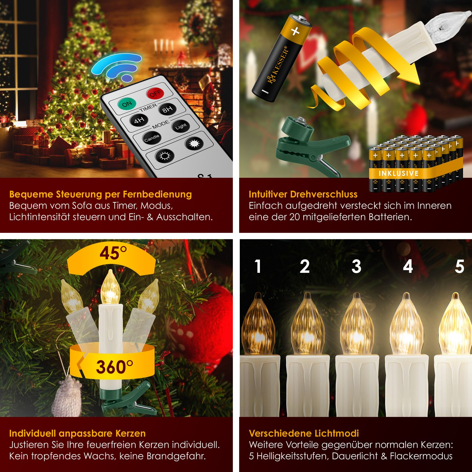 Weihnachtsbaum mit Kerzen, Fernbedienung und Batterien. Verschiedene Kerzenmodi und Lichtfunktionen werden angezeigt.