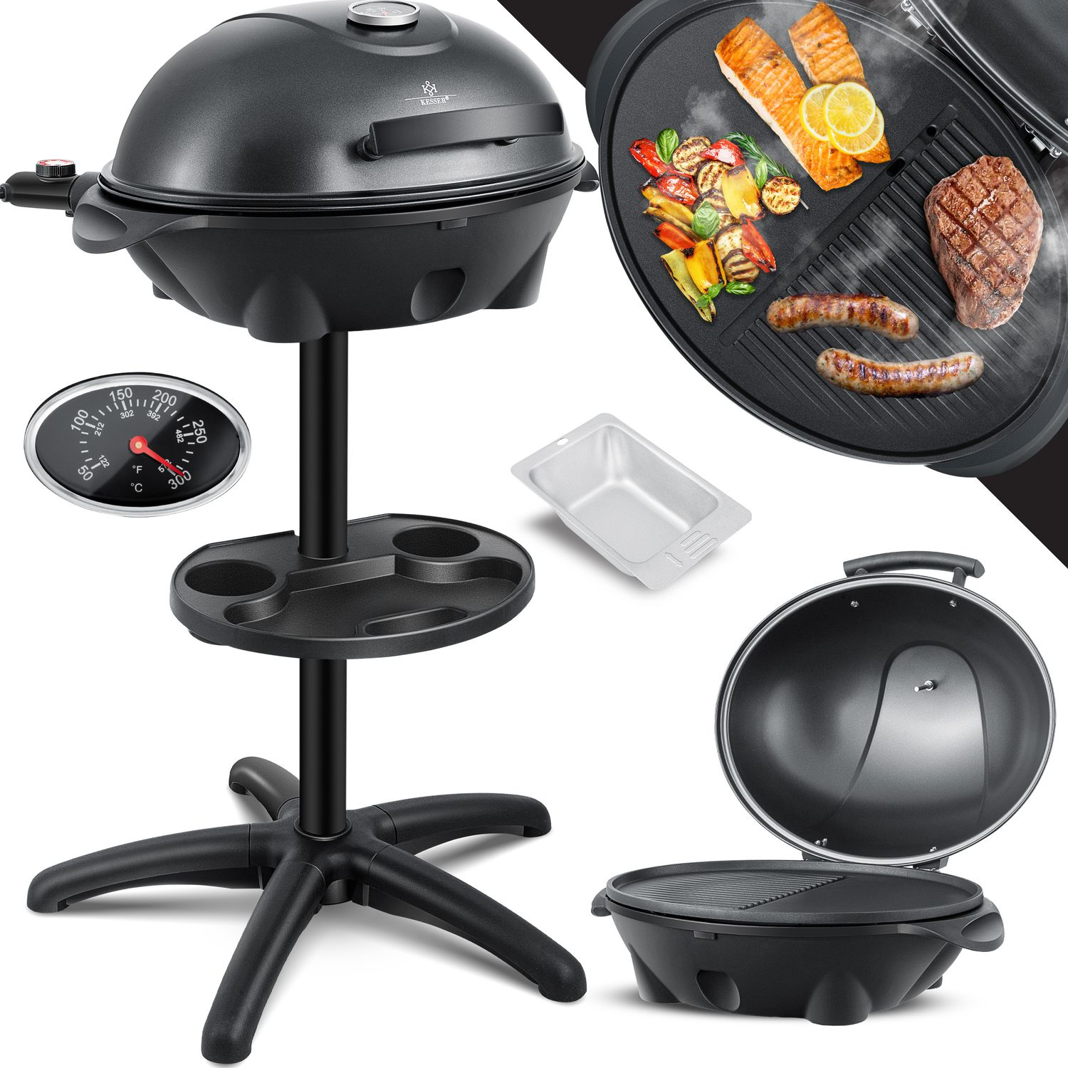 Parrilla negra con comida. Se muestran termómetro, bandeja y componentes.