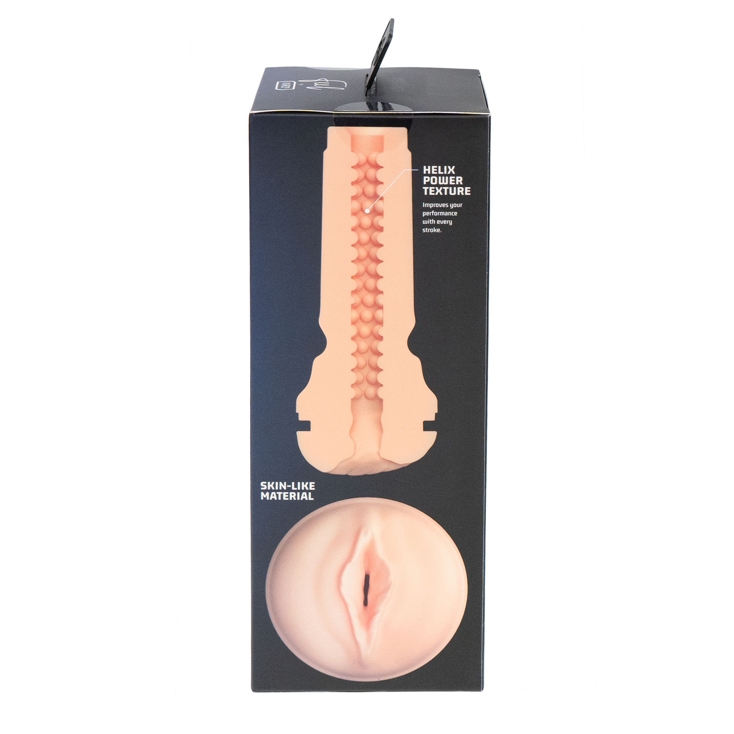 Box zeigt ein Sexspielzeug mit hautähnlichem Innenraum. Text: Helix Power Texture, hautfreundliches Material.