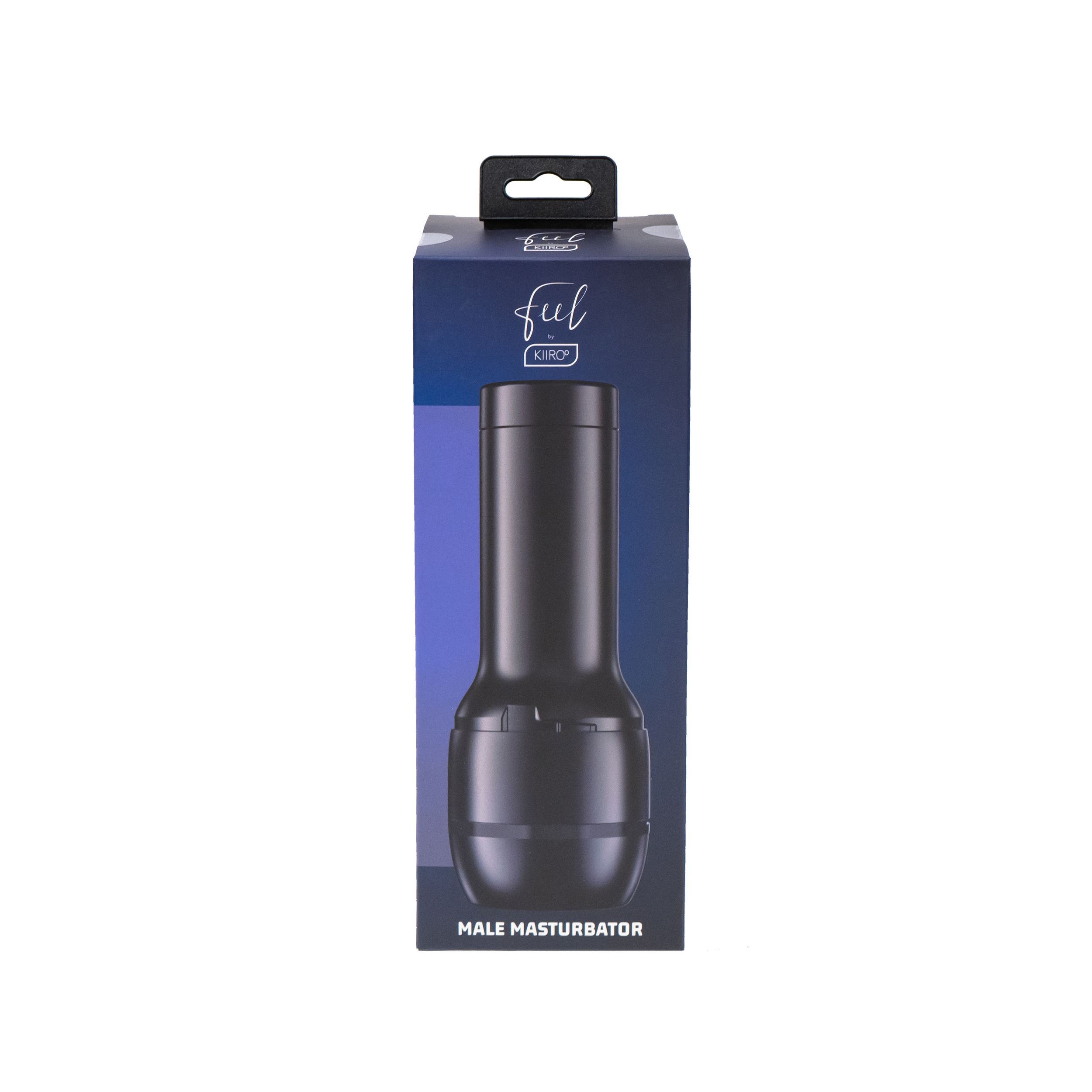 Schwarzer männlicher Masturbator in Verpackung, beschriftet mit 'Feel by Kiiroo'.