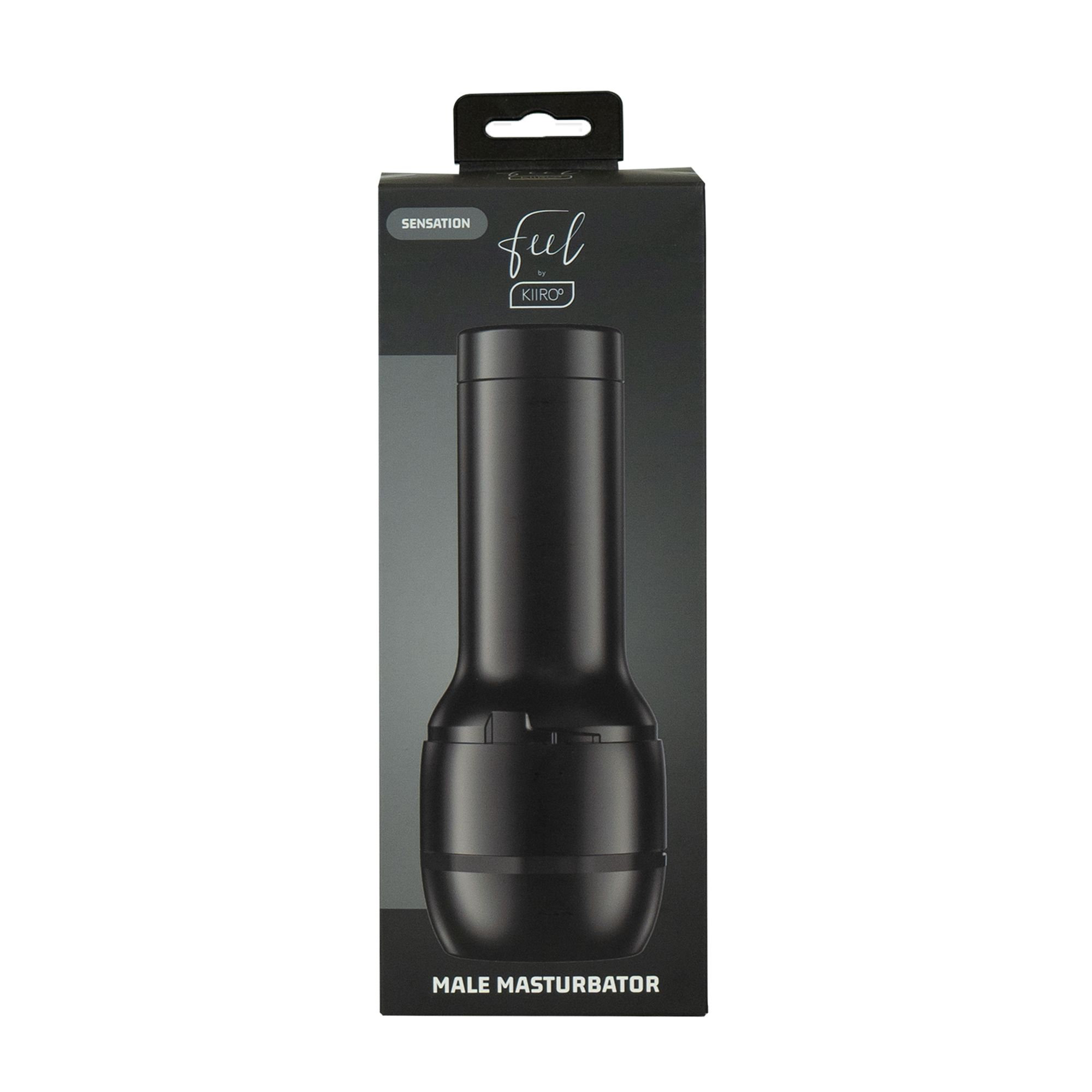 Schwarzer männlicher Masturbator in Verpackung, beschriftet mit 'Feel by Kiiroo'.