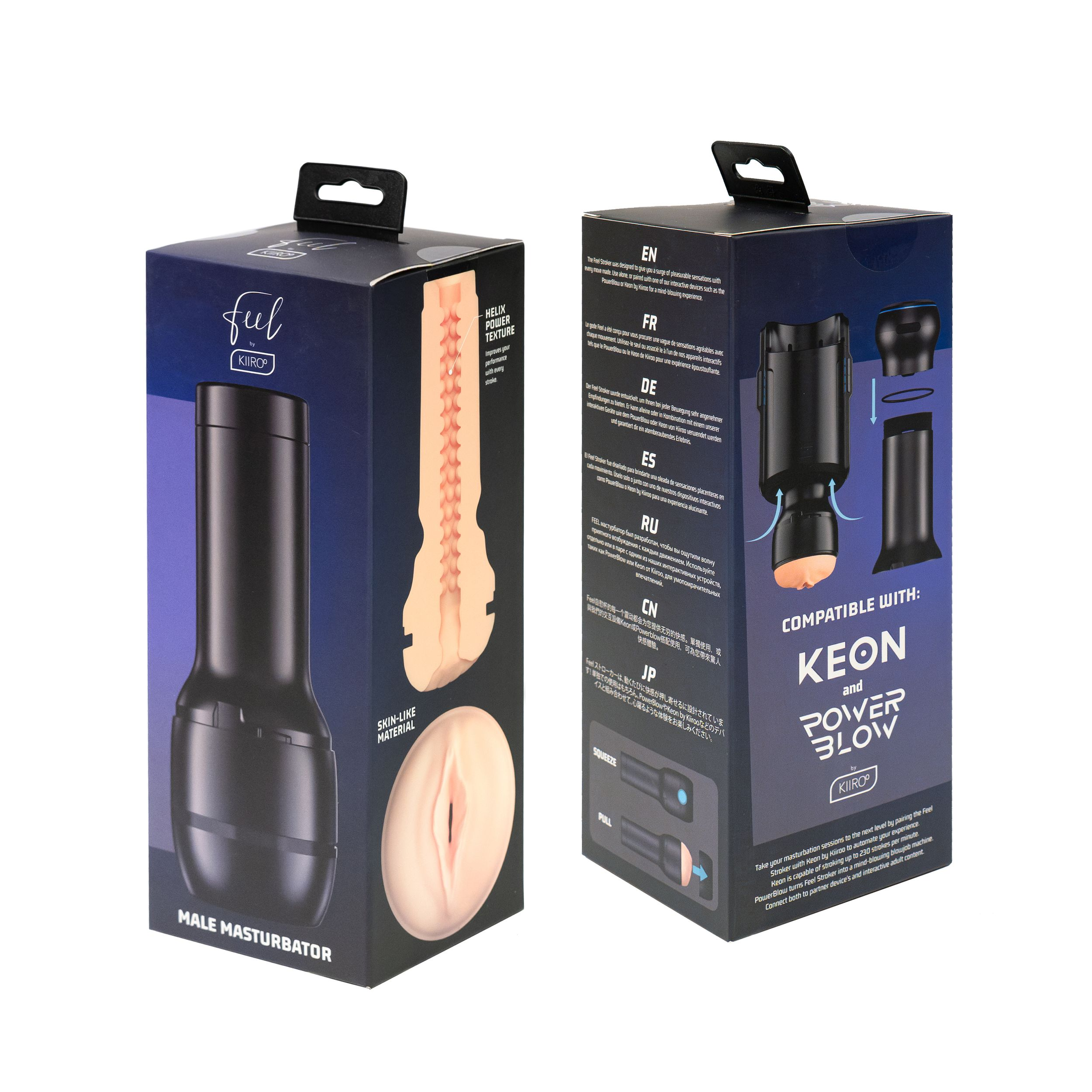 Verpacktes Produkt mit einem schwarzen männlichen Masturbator. Zeigt einen Querschnitt, Text in mehreren Sprachen.