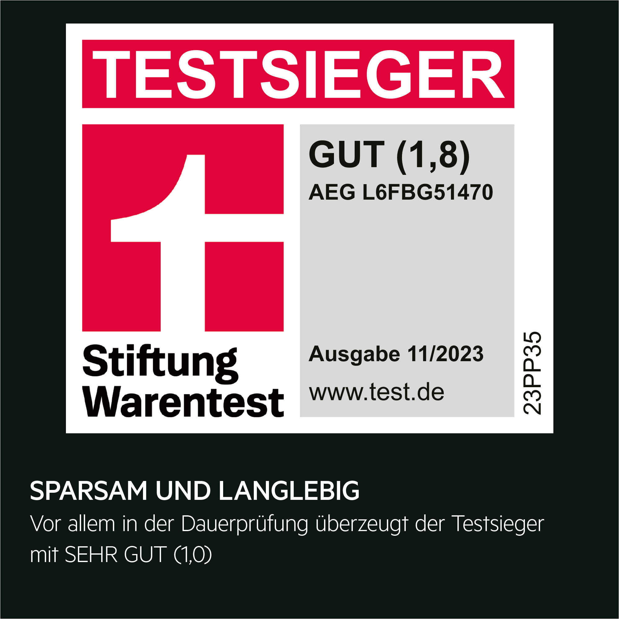 Rotes und weißes Logo mit 'TESTSIEGER' und 'Stiftung Warentest'. Text: 'GUT (1,8)' und AEG-Modell.