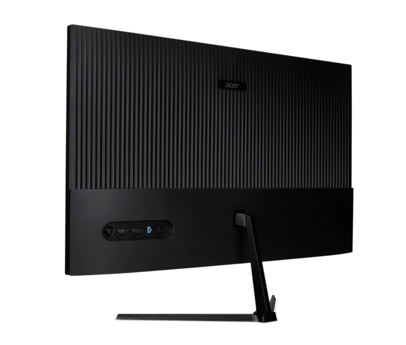 Widok z tyłu czarnego monitora komputera. Ma teksturowany tył i podstawkę.