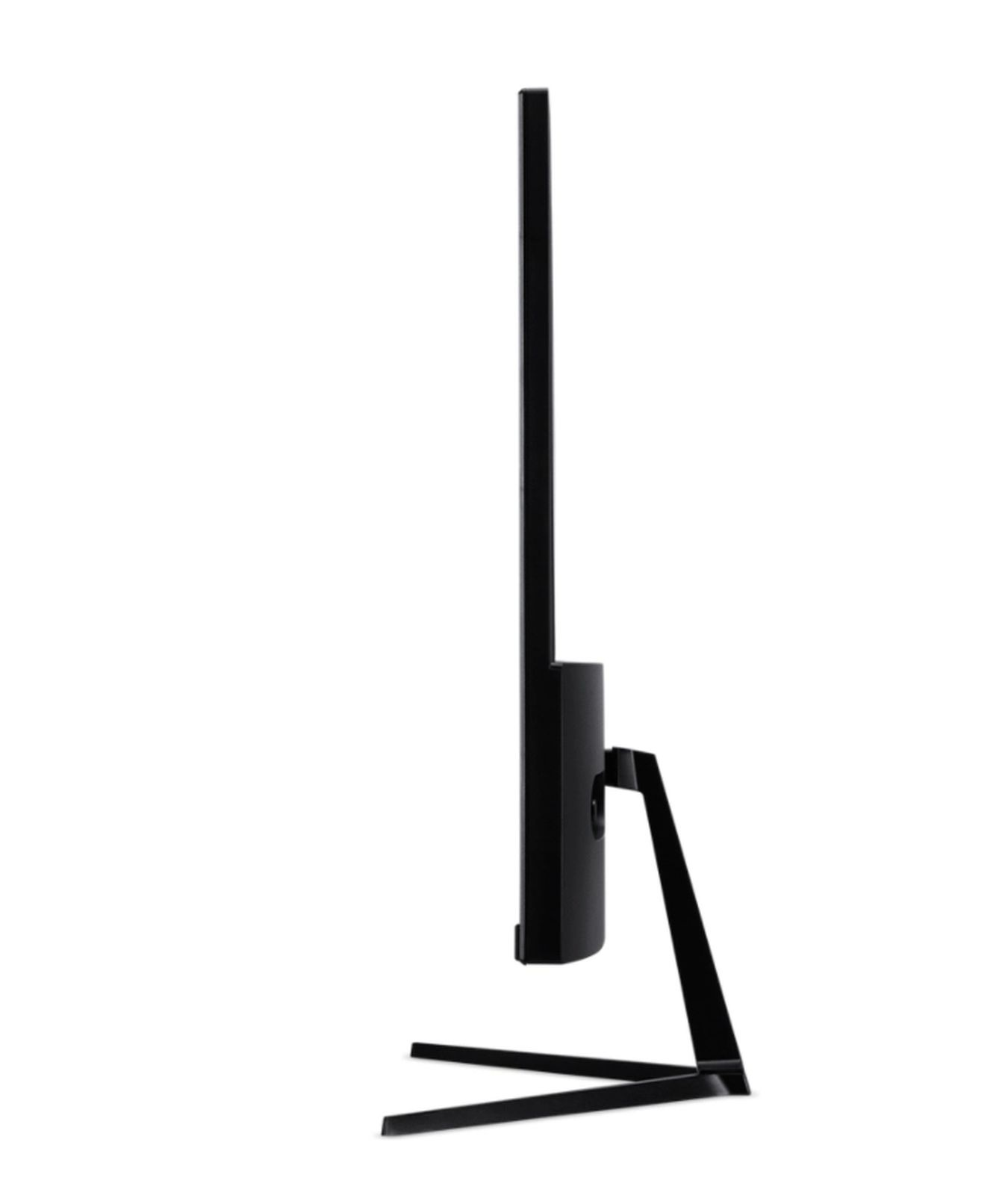 Widok z boku czarnego monitora komputera. Ma cienką ramkę, podstawkę i czarną ramę.
