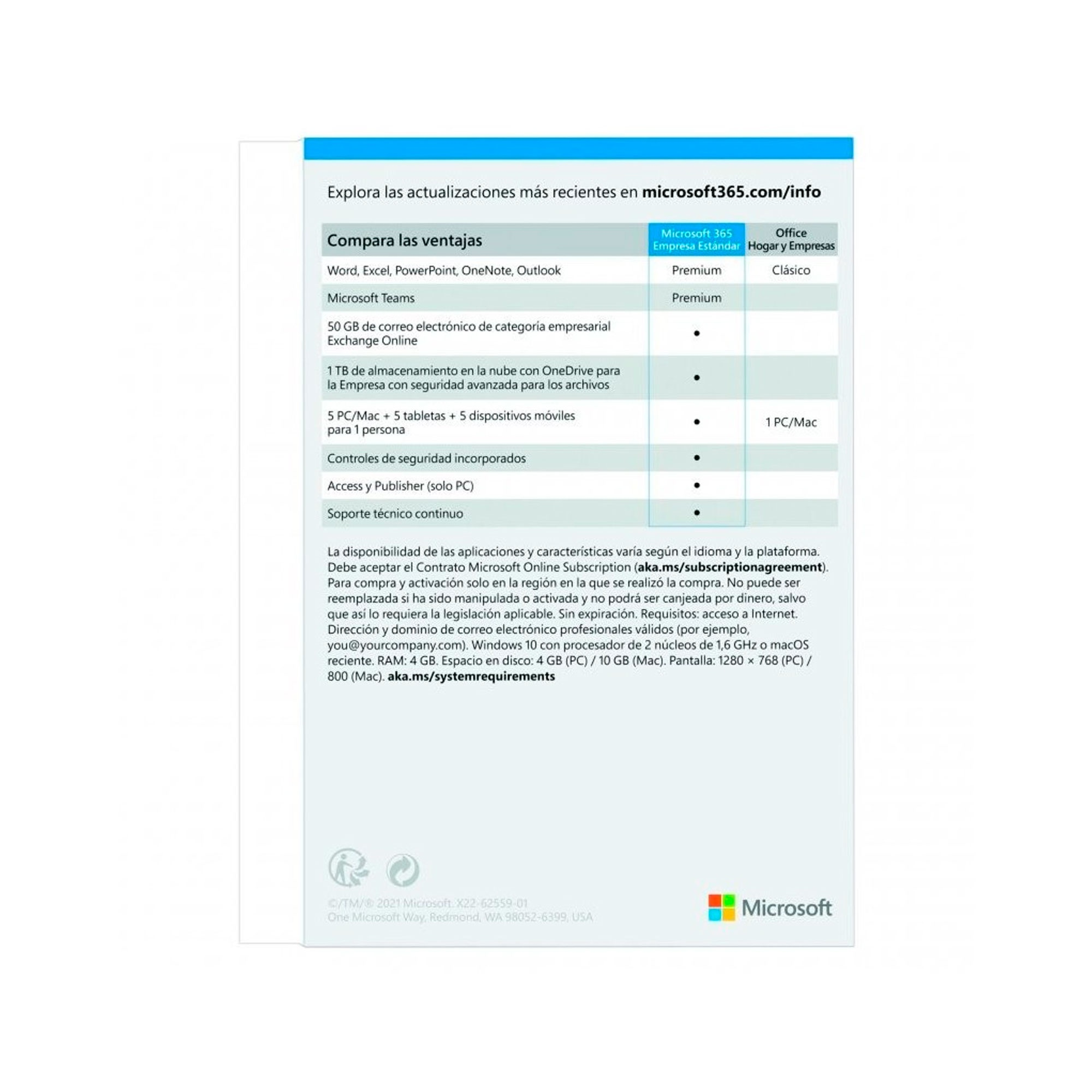 Un documento de Microsoft con información sobre las funciones de Microsoft 365. Incluye una tabla.