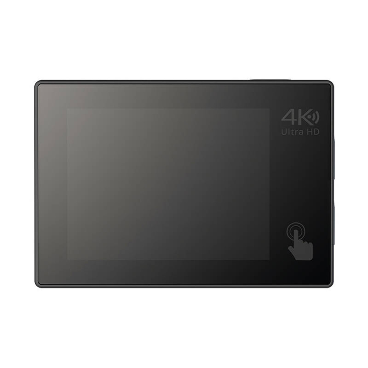 Siyah kamera ekranı 4K Ultra HD gösteriyor ve bir el ekrana dokunuyor, beyaz zemin üzerinde.