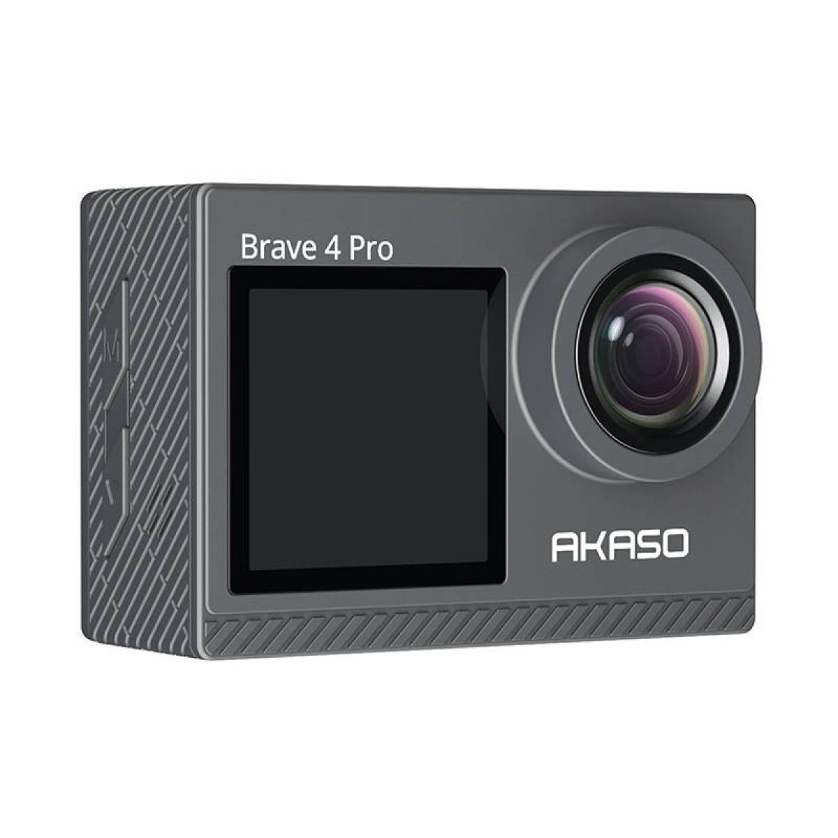 Boş ekranlı gri Akaso Brave 4 Pro aksiyon kamerası, lens ve sağda Akaso logosu.