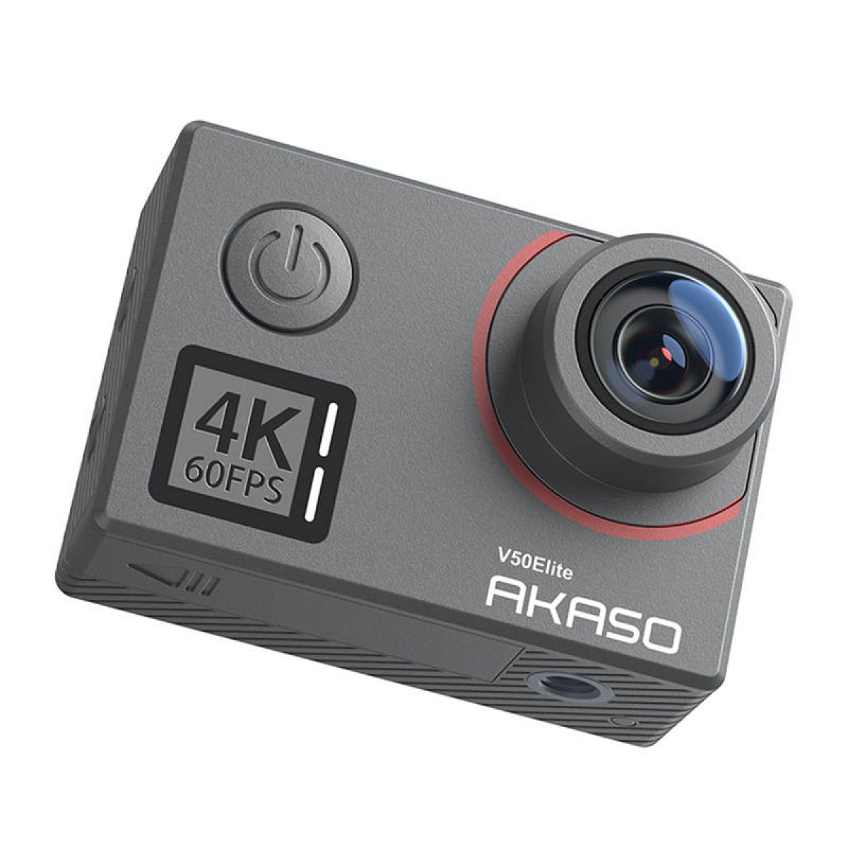 Gri Akaso aksiyon kamerası V50Elite, 4K 60FPS, güç düğmesi, lens.