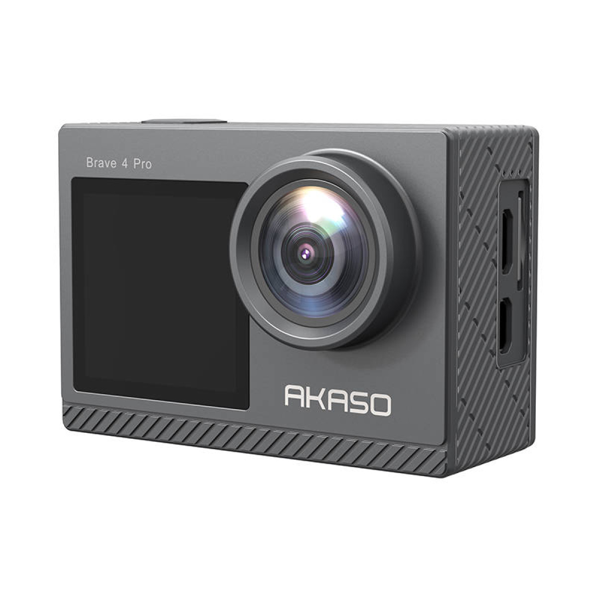 Gri Akaso Brave 4 Pro aksiyon kamerası, boş ekran, lens ve Akaso logosu.