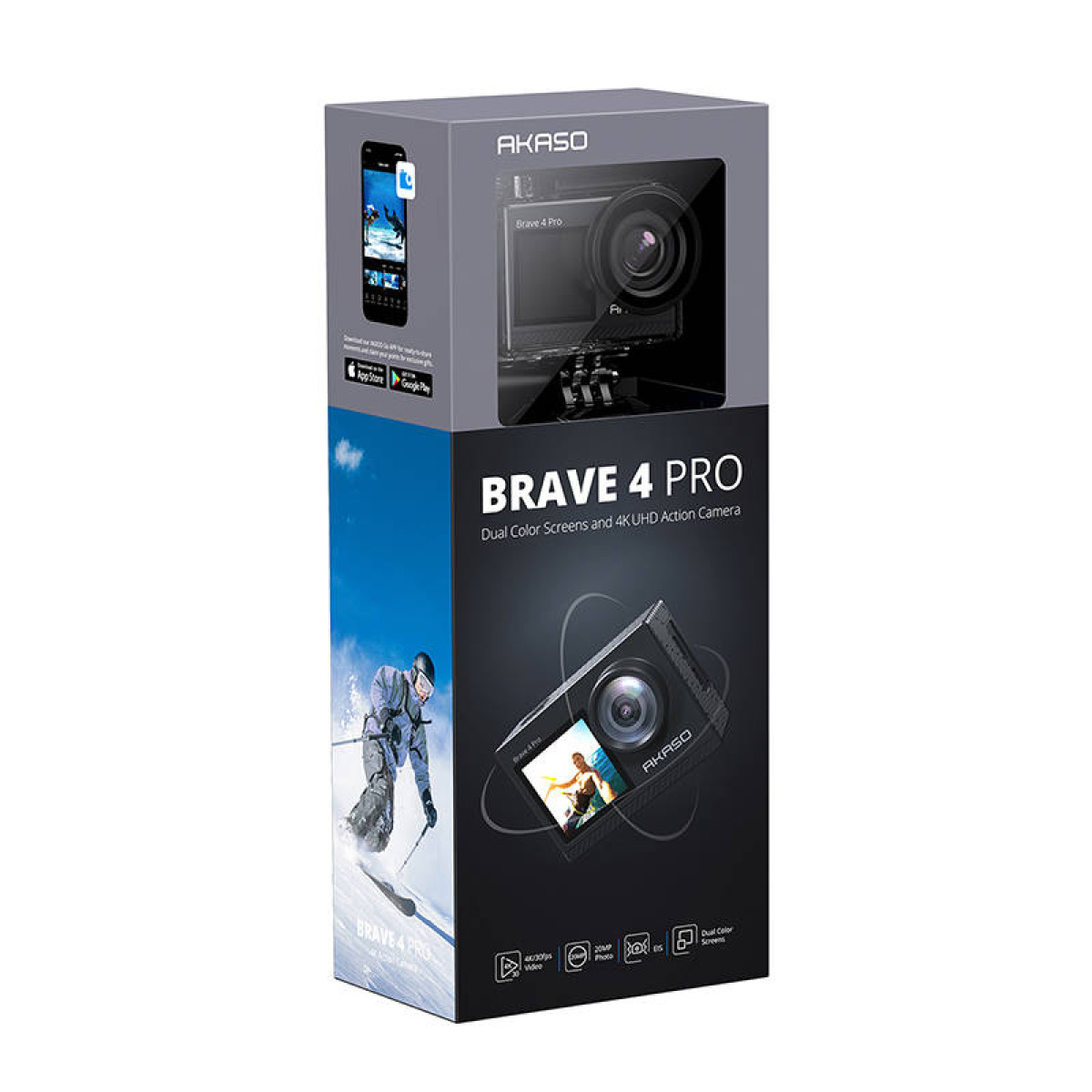 Aksiyon kamerası, yan görünüm ve aksesuarlar içeren Akaso Brave 4 Pro kutusu.