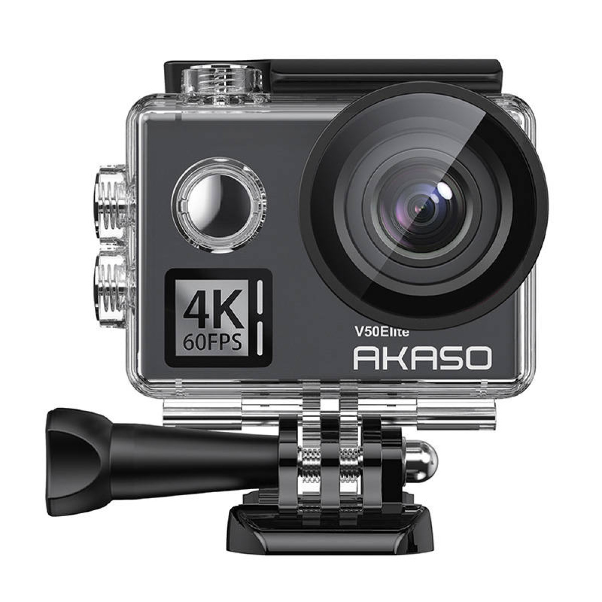 Akaso V50Elite aksiyon kamerası, şeffaf su geçirmez kılıf, lens ve montaj ile.