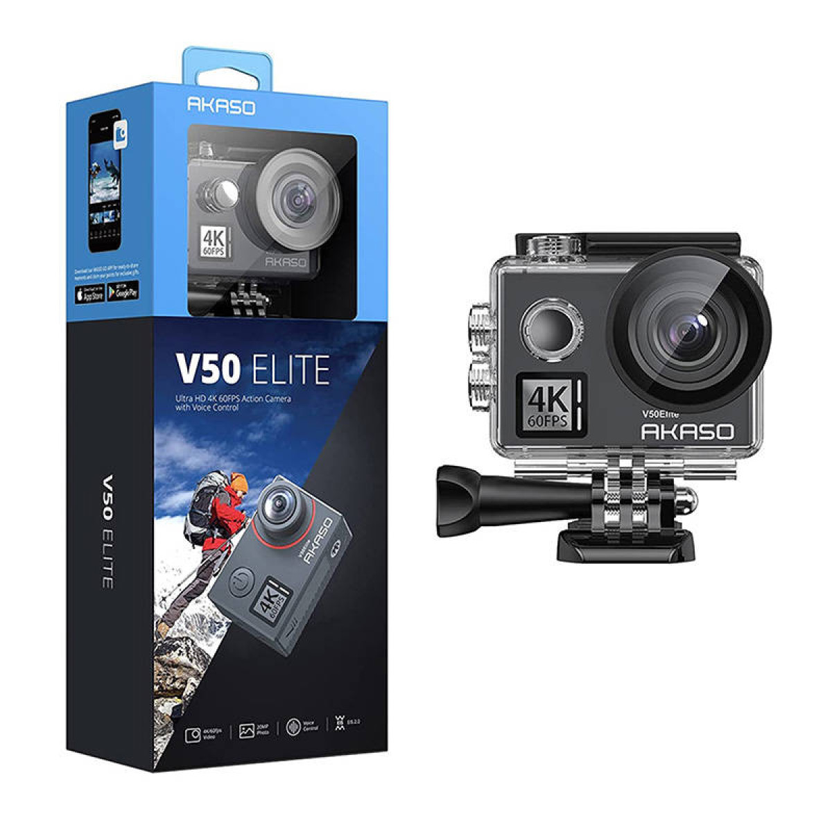Akaso V50 Elite aksiyon kamerası kutuda başka bir kamera ile, beyaz arka plan.