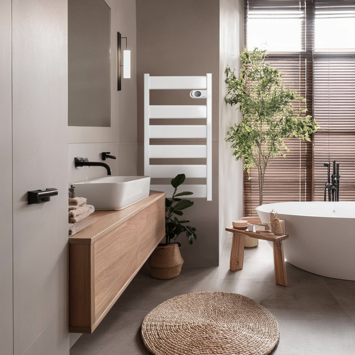 Baño con radiador blanco, tocador de madera, bañera y planta.