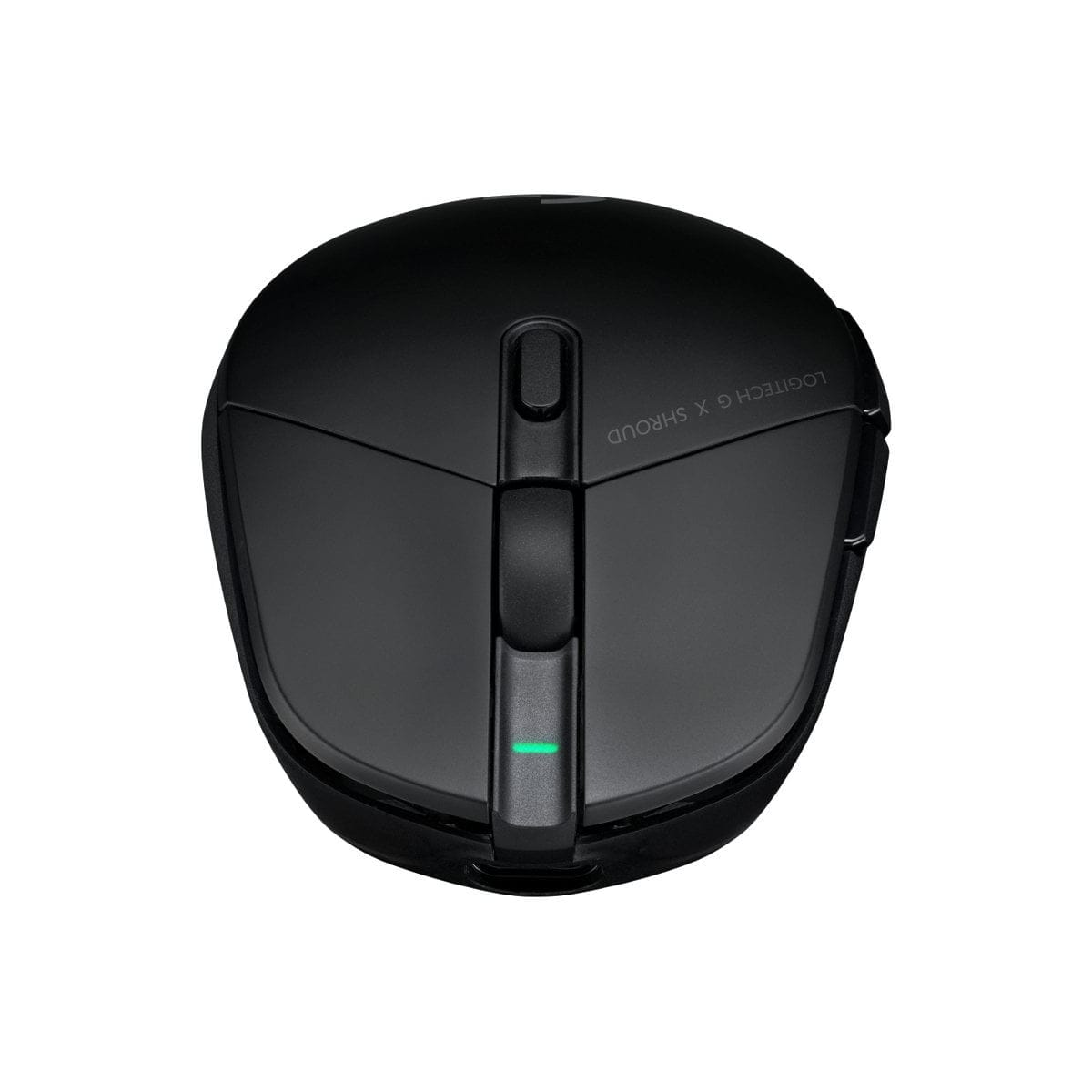 Czarna mysz Logitech na białym tle. Widok z góry, z widocznym logo Logitech 'G'.