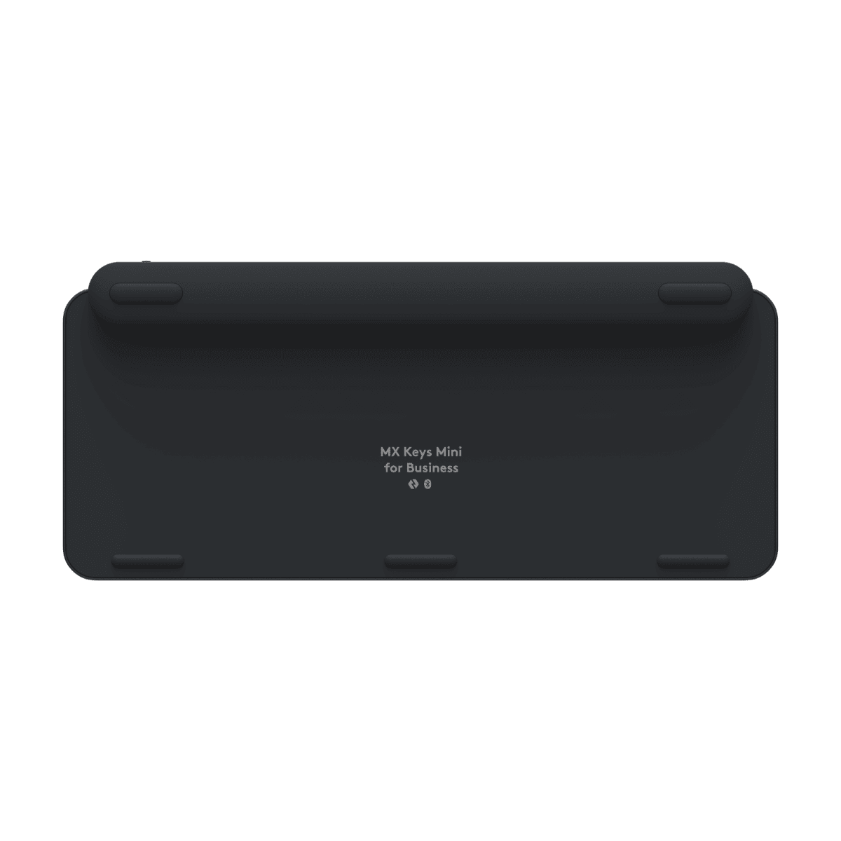 Czarna klawiatura, widok od spodu. Klawisze niewidoczne. Nazwa produktu na klawiaturze.