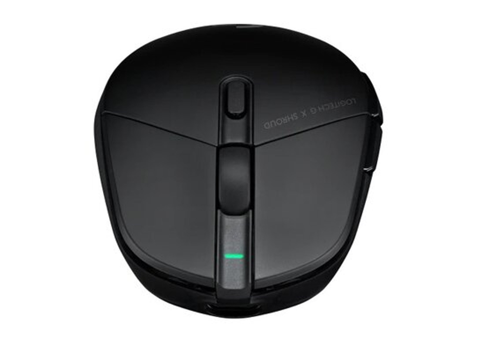 Czarna mysz gamingowa Logitech z zielonym światłem, widok z góry.