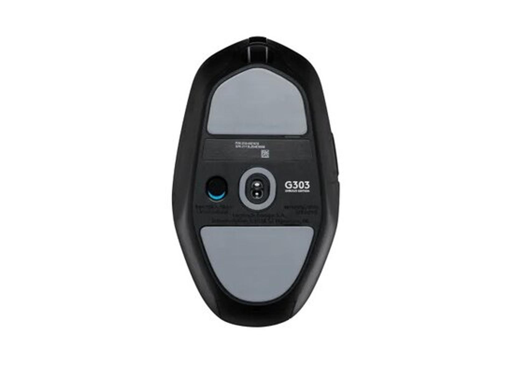 Czarna mysz komputerowa od spodu z dwoma szarymi podkładkami i przyciskiem.