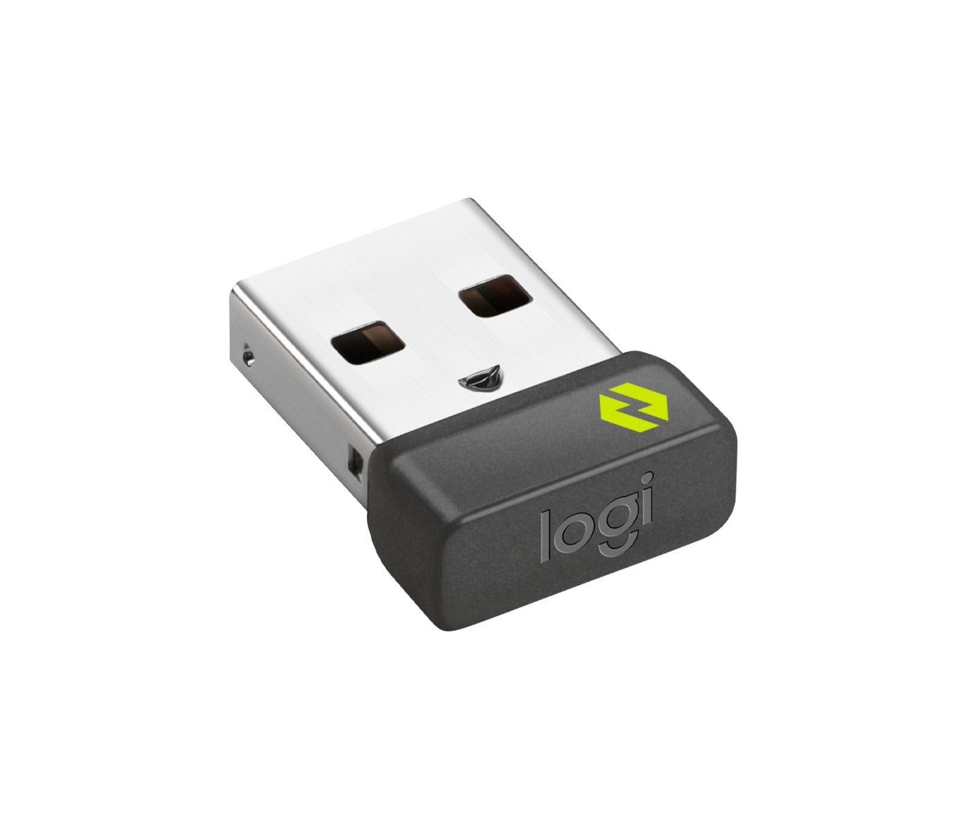 Dongle USB Logitech, czarny i srebrny. Widoczne logo Logitech.