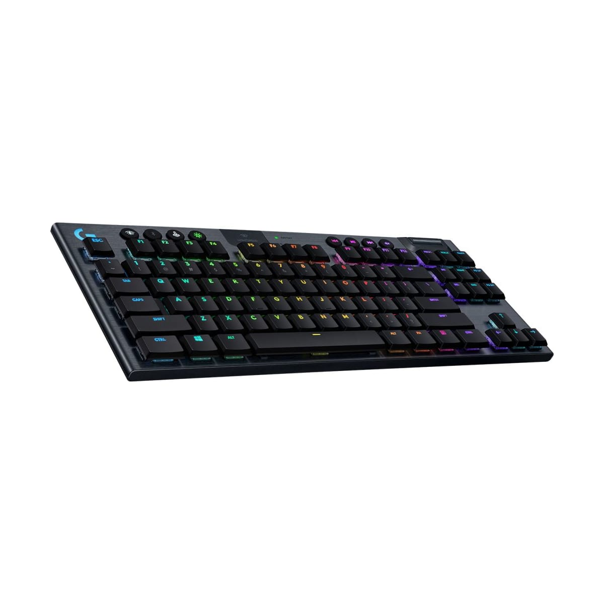 Black keyboard with colorful keys on a white background. The keys have a light glow.