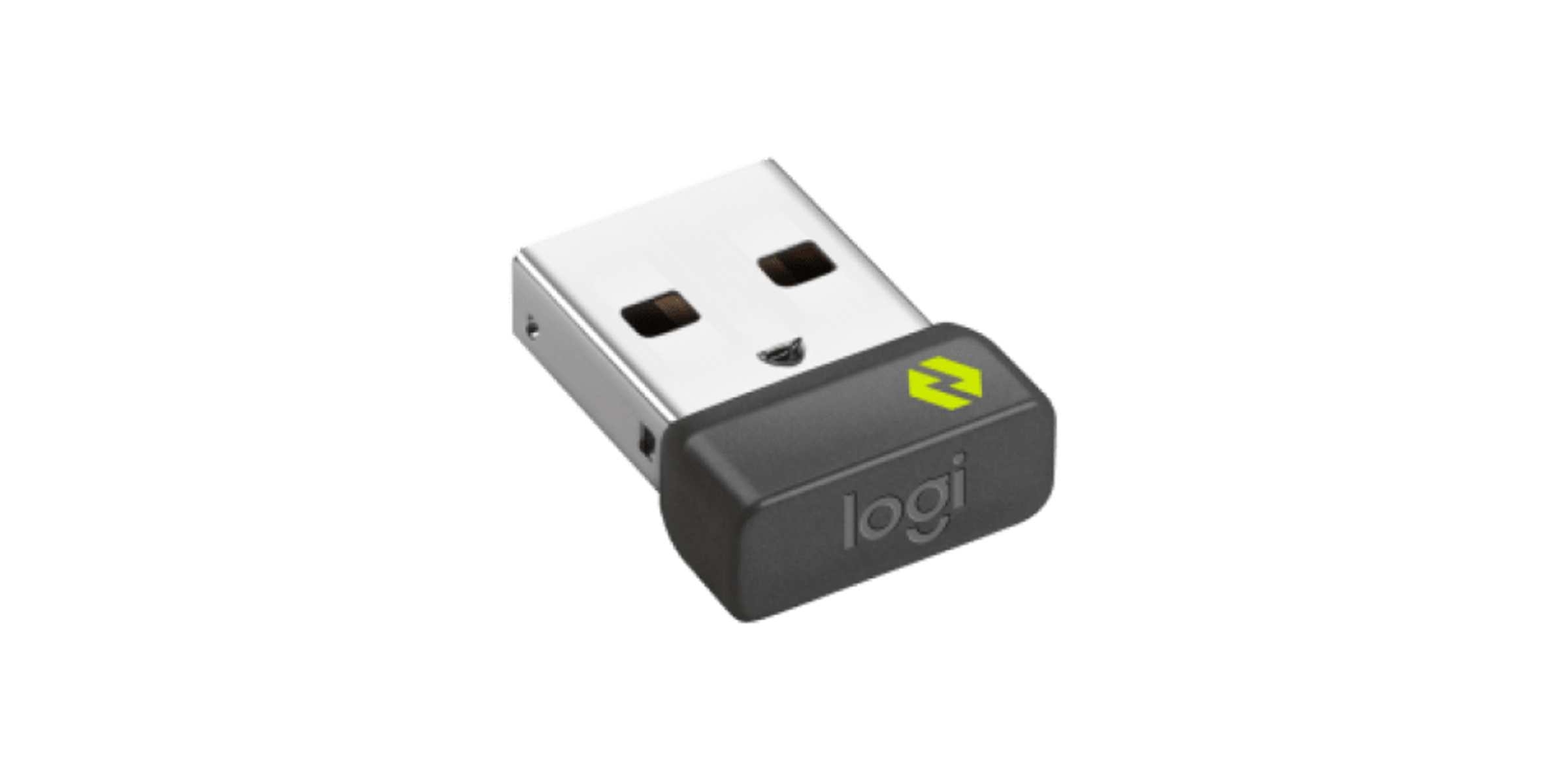 Odbiornik USB Logitech, czarny i szary, z zielonym logo.
