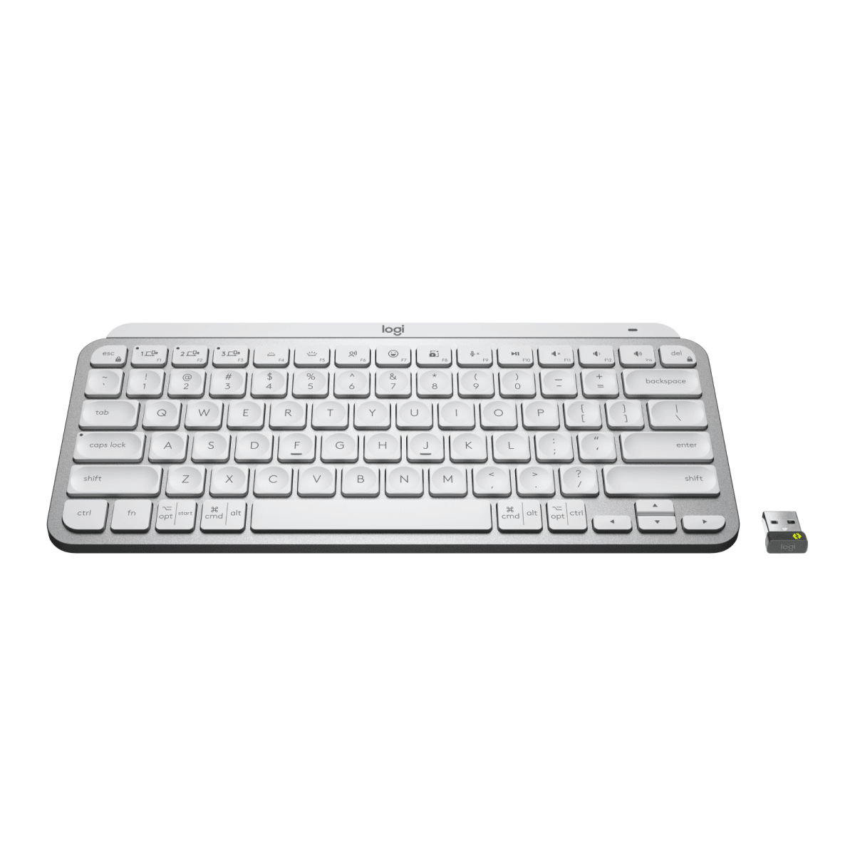 Teclado blanco y gris con receptor USB. El teclado tiene un logo logi.