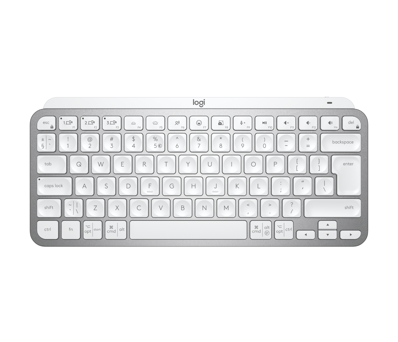Teclado blanco y gris sobre fondo blanco, el logo logi en la parte superior.