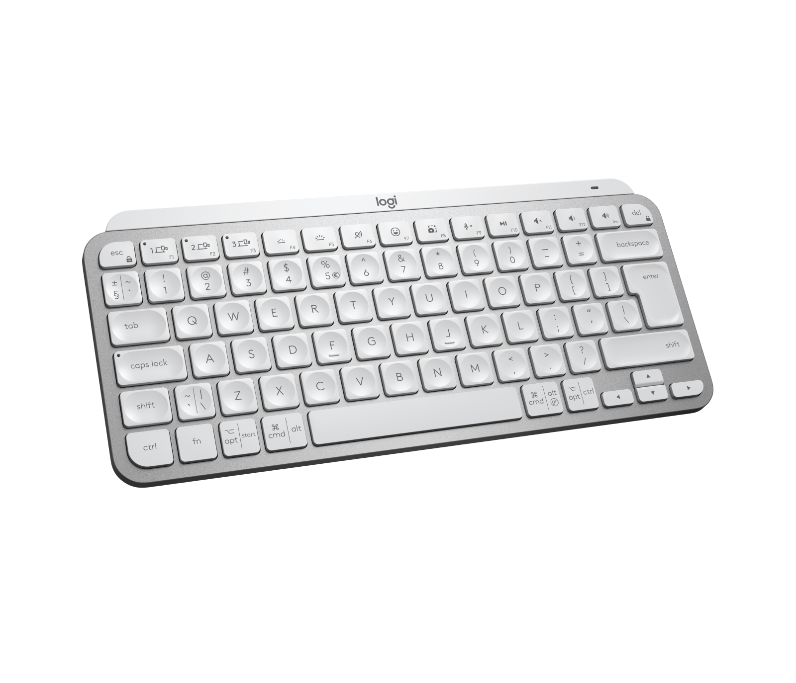 Teclado blanco y gris. El logo logi está en la parte superior, fondo blanco.