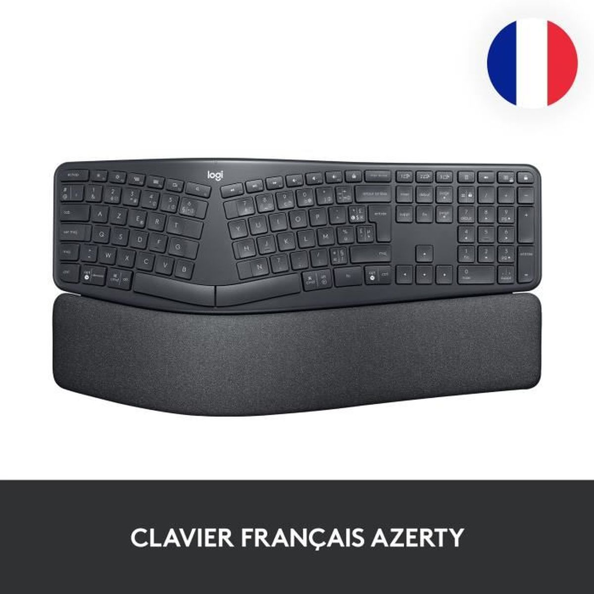Tastiera francese AZERTY con poggiapolsi, con bandiera francese in alto a destra.