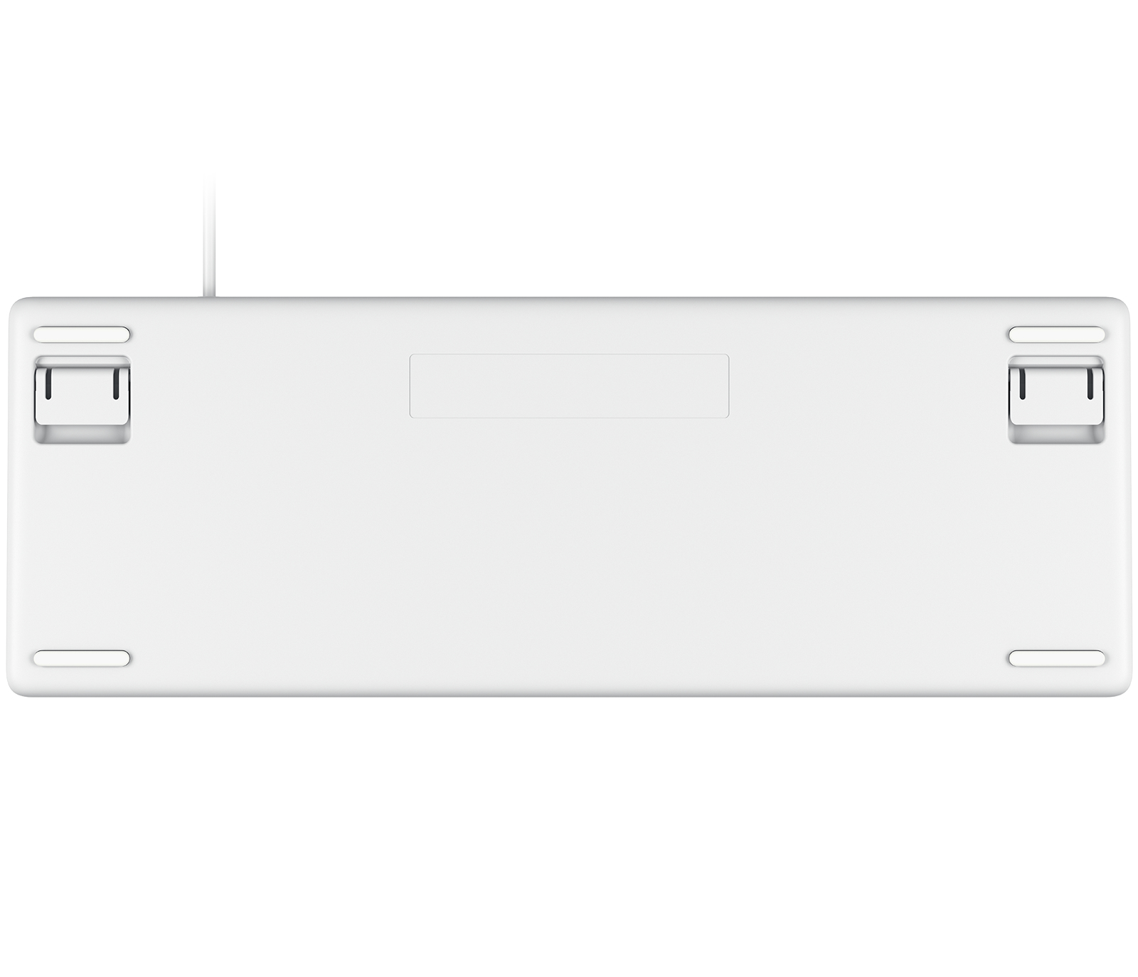 Spód białej klawiatury. Widoczne nóżki i punkty montażowe. Białe tło.