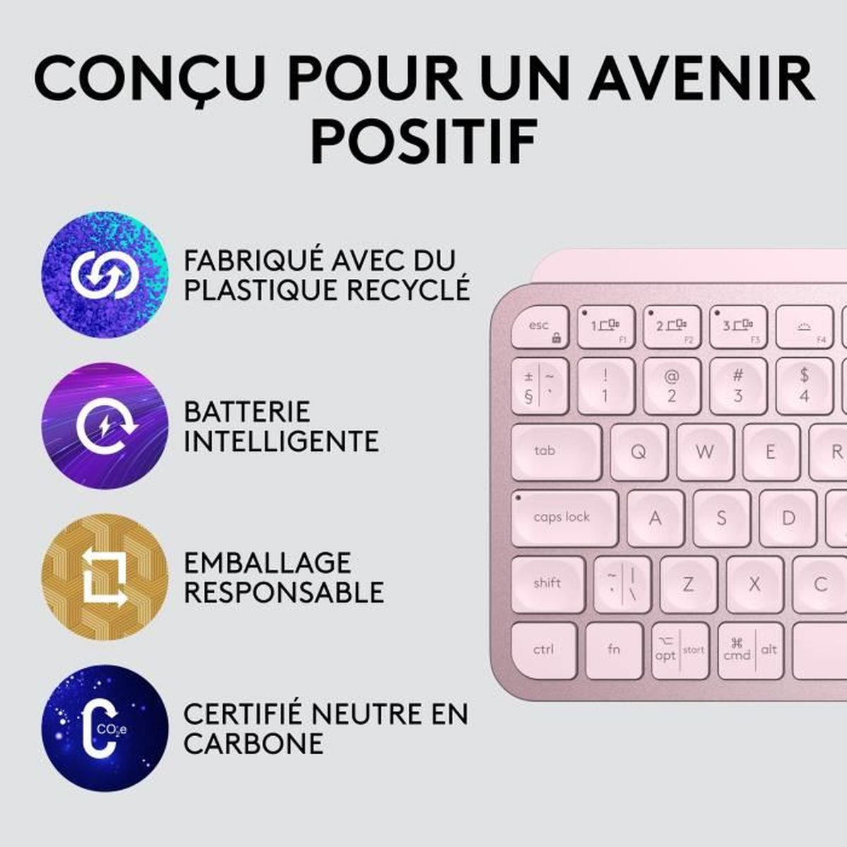 Teclado rosa con teclas y texto sobre plástico reciclado, batería inteligente, embalaje responsable y carbono neutral.
