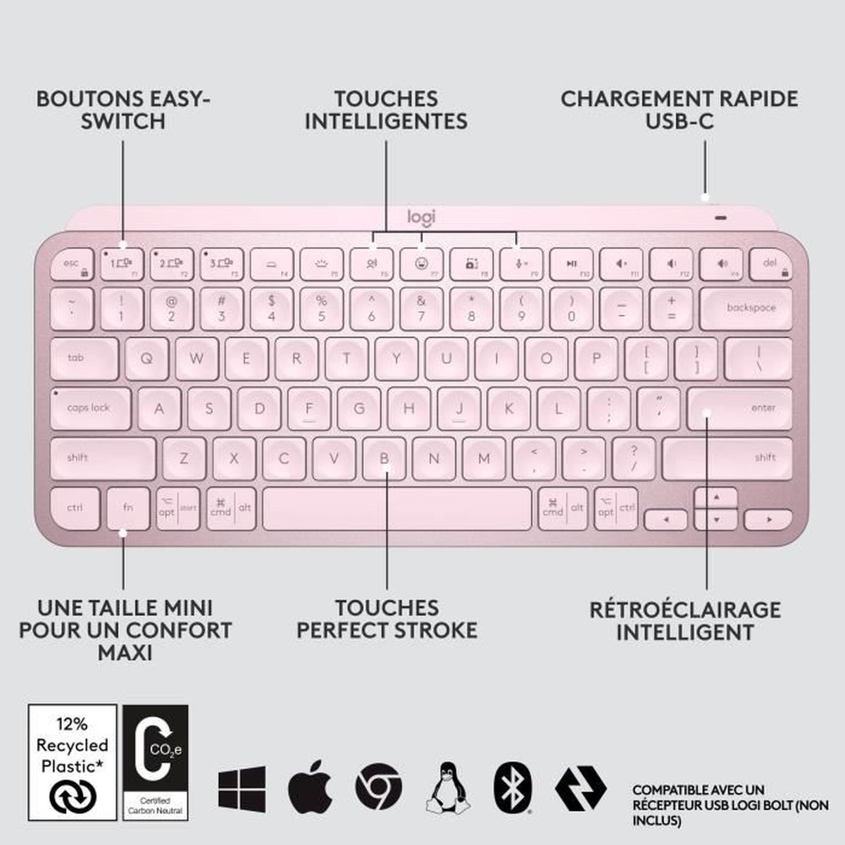 Teclado rosa con botones Easy-Switch, teclas inteligentes y carga rápida USB-C.